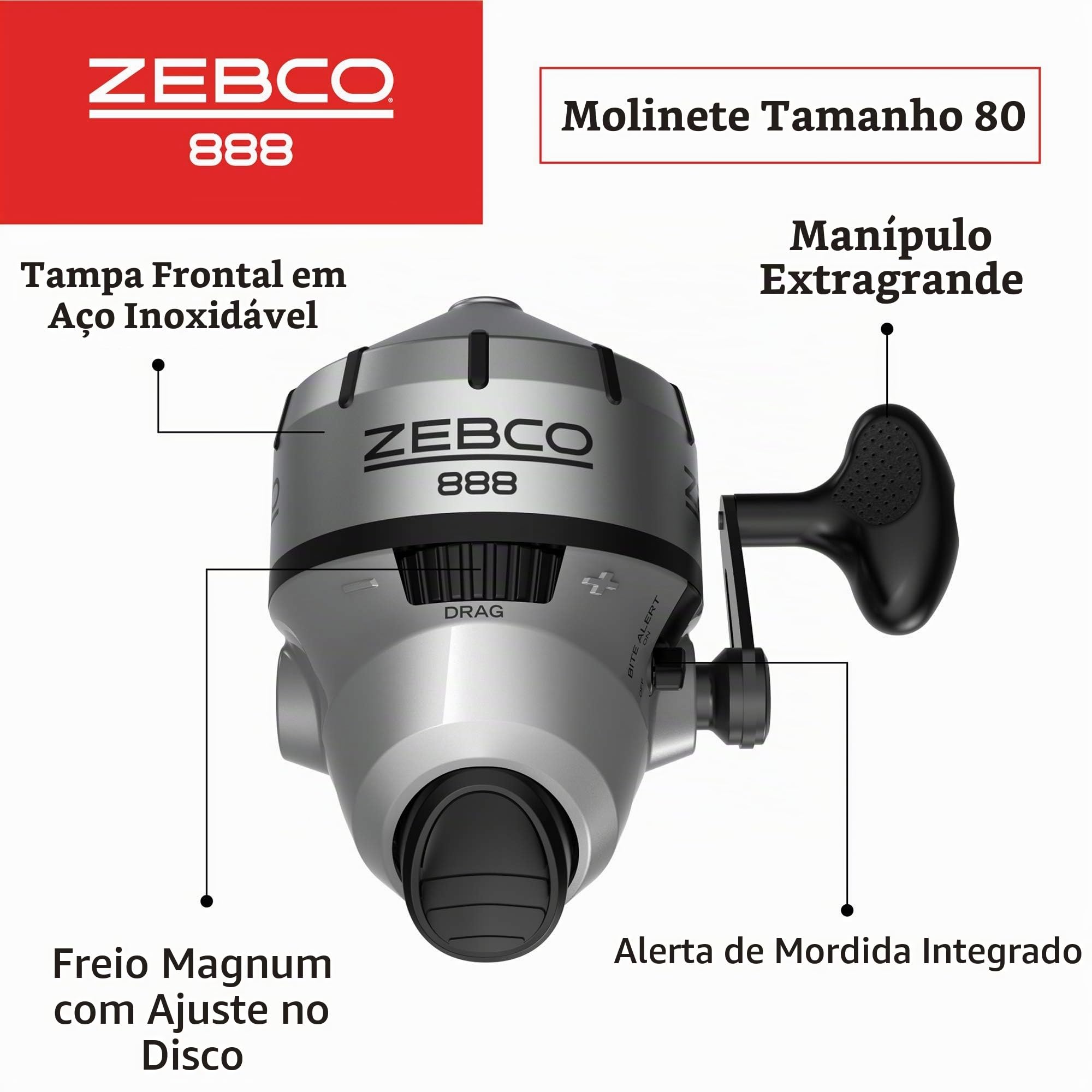 Zebco Carretel de pesca 888 Spincast, molinete tamanho 80