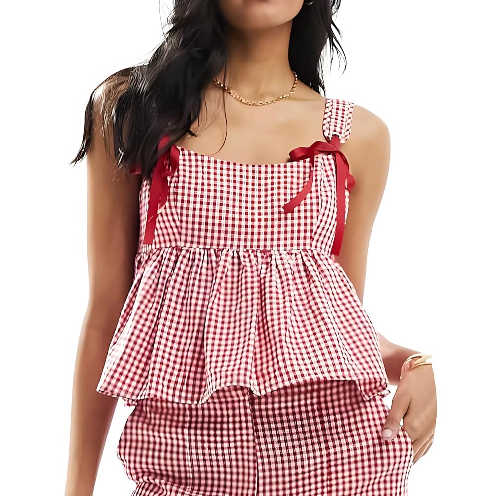 ミストレアス　Plaid Gathering Peplum Camisole Plaid Gathering Peplum Camisole - MISTREASS