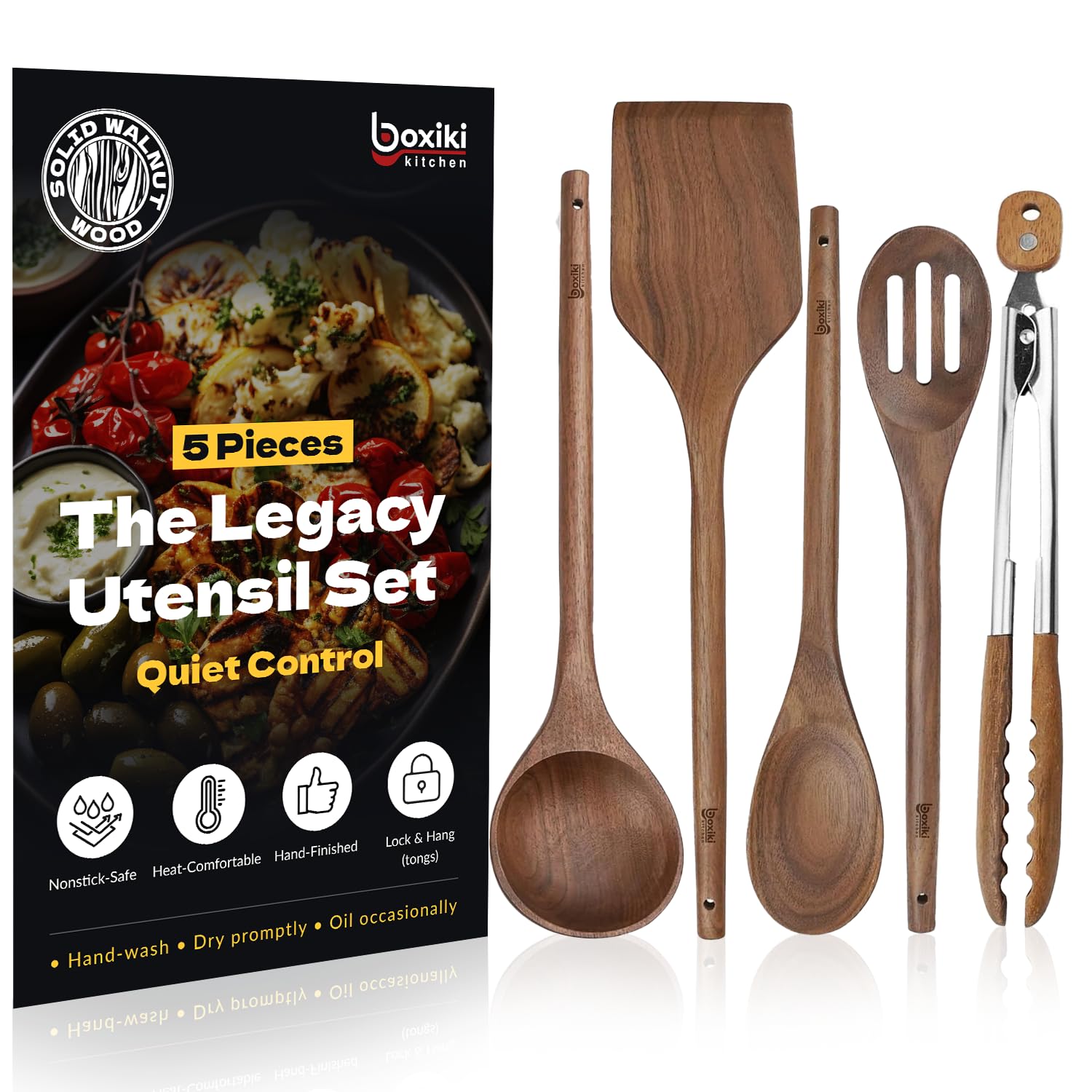 Elegant 5-Piece Walnut Wood Kitchen Utensil Set – Non-Scratch, Heat-Resistant Cooking Utensil Set with Kitchen Tongs, Spoons, Spatula & Ladle –