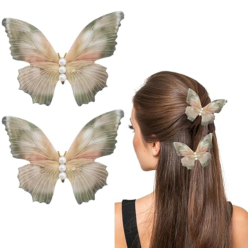 YQSLBULKY 2Pcs Green Butterfly Hair Clips, Pearl Double Mesh Butterfly Barrettes 3D Moving Butterflies Wings Hair Clips Strong Hold Metal Butterflies Hair Pins Fairy Accessories for Women Girls - Green