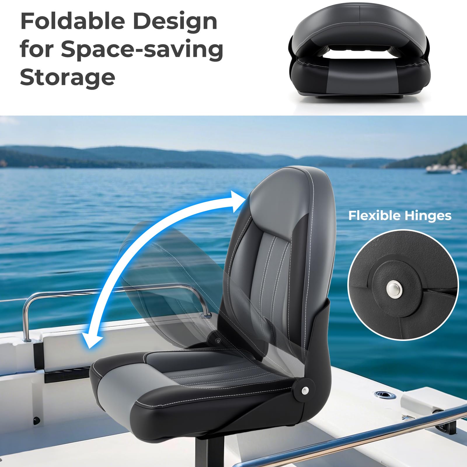 Homasis Juego de 2 Asientos Plegables para Barco, Acolchadas, Grueso, Silla deYate Ergonómico Impermeable con Respaldo Y Marco de Metal, Control para Barcos, hasta 113/150 Kg (Negro)