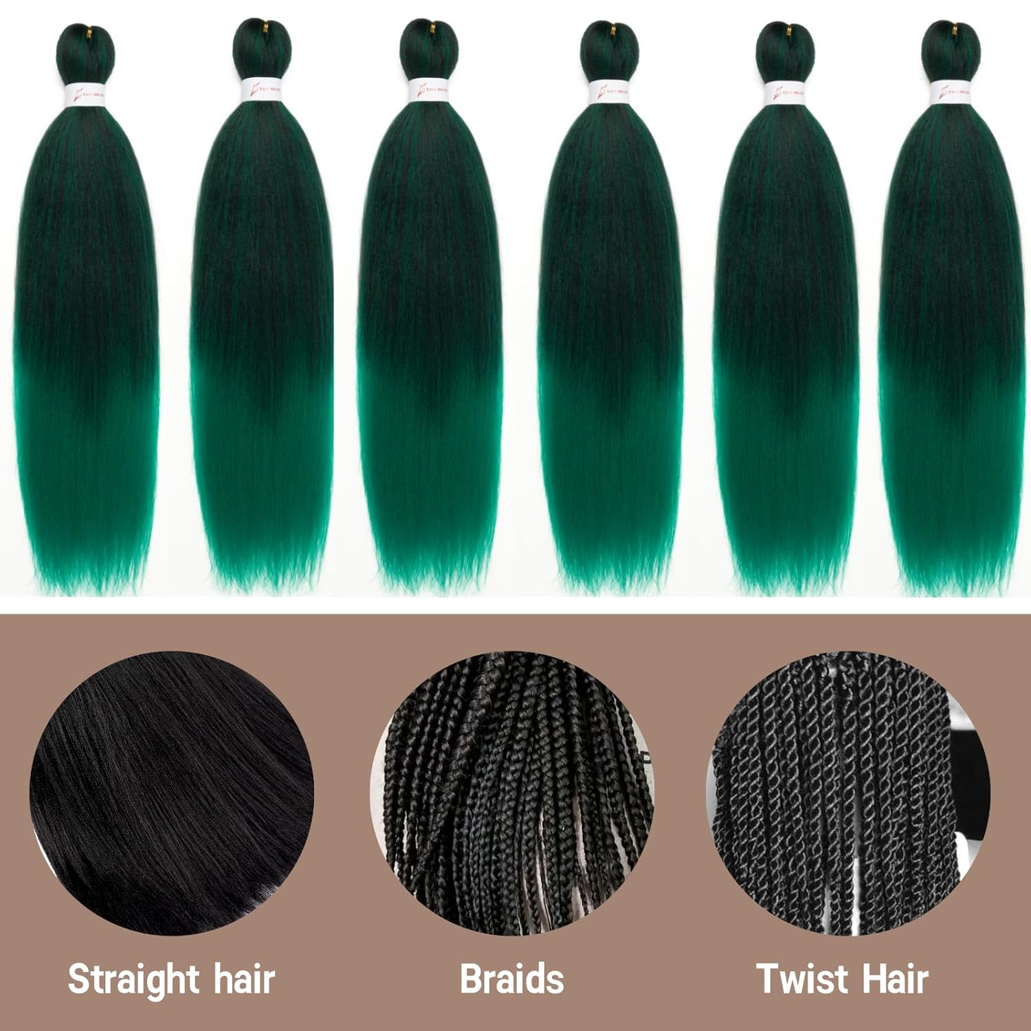 Braiding Hair Long Braid 30 Inch 6 Packs Braiding Hair Pre stretched,Professional Ombre Natural Black to Green Hair Extensions Hot Water Setting Synthetic Fiber Crochet Twist Braids(30Inch,1B/GREEN#)