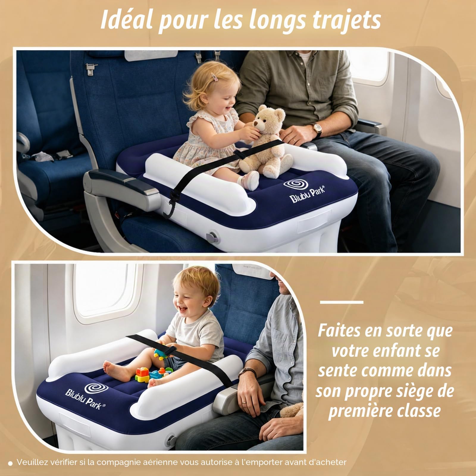Flyaway Lit de voyage pour enfant avec côtés hauts, ceinture de sécurité, lit gonflable qui s'adapte à la plupart des sièges de