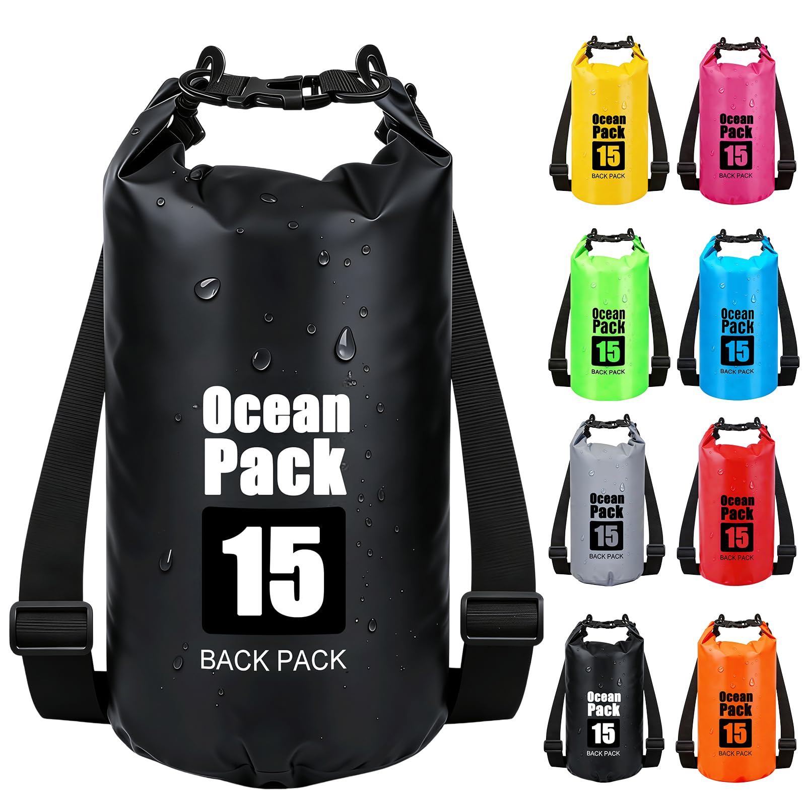 RONGZUBAT 15L Large Waterproof Dry Bag with Shoulder Strap, Roll Top Dry Sack for Outdoor Gear, Waterproof Bag for Kayaking, Boating, Paddle Boarding, Camping, Beach, Fishing and Travel - Black