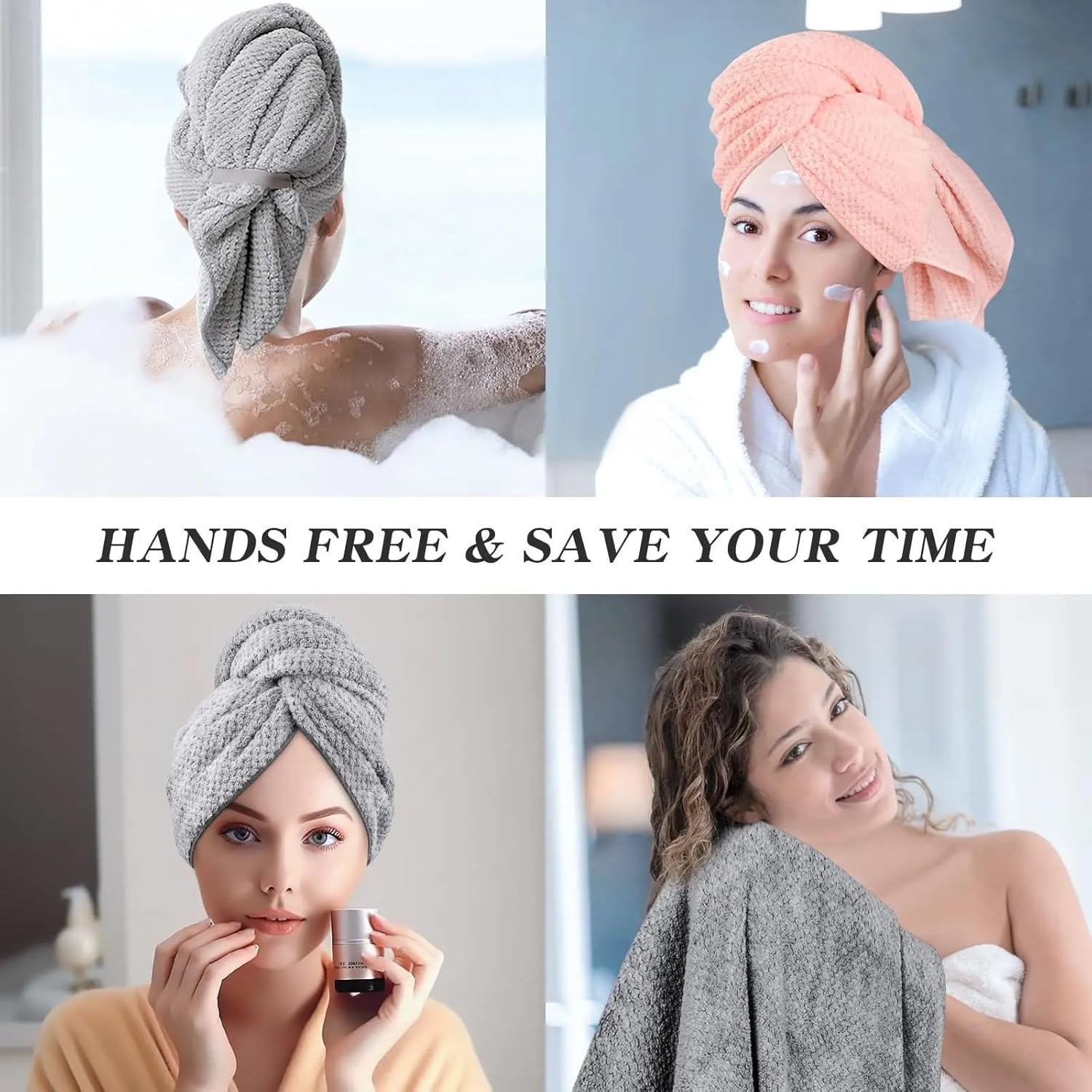 3 Packs Large Microfiber Hair Towels for Women Super Absorbent Quick Dry Hair Towel Wrap Anti Frizz Hair Drying Towel with Elastic Strap Hair Turban for Wet Curly Long Hair (Kahki)