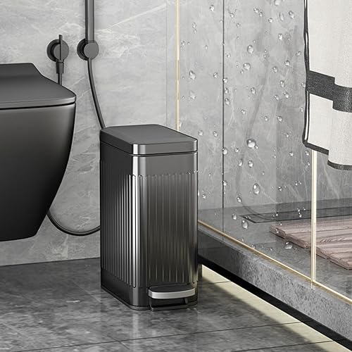 Miniatura 6 de Aupekro Basurero de baño con tapa de cierre suave, cubo de basura delgado de acero inoxidable de 2.6 galones, cubo de basura rectangular con cubo