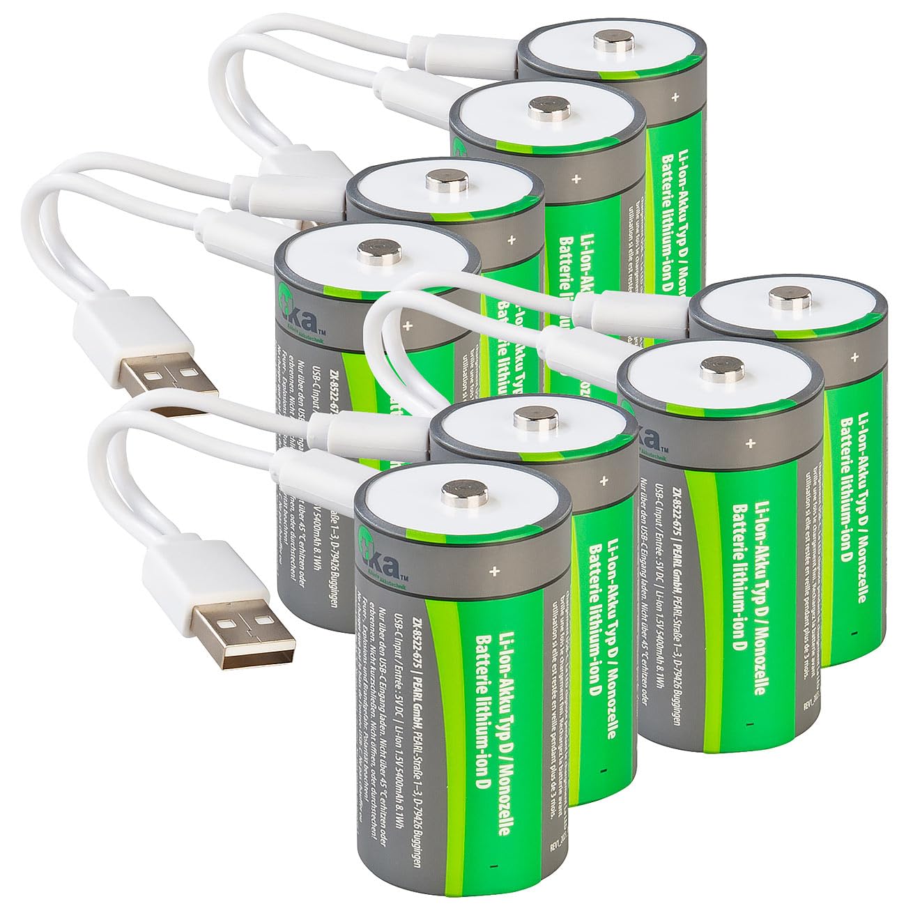 tka Köbele Akkutechnik LR20-Akkus: 8er-Set Li-Ion-Akkus Typ D mit USB-C, 5.400 mAh, 8.100 mWh, 1,5 V (Lithium-Ionen Typ D, Accu, Mono)