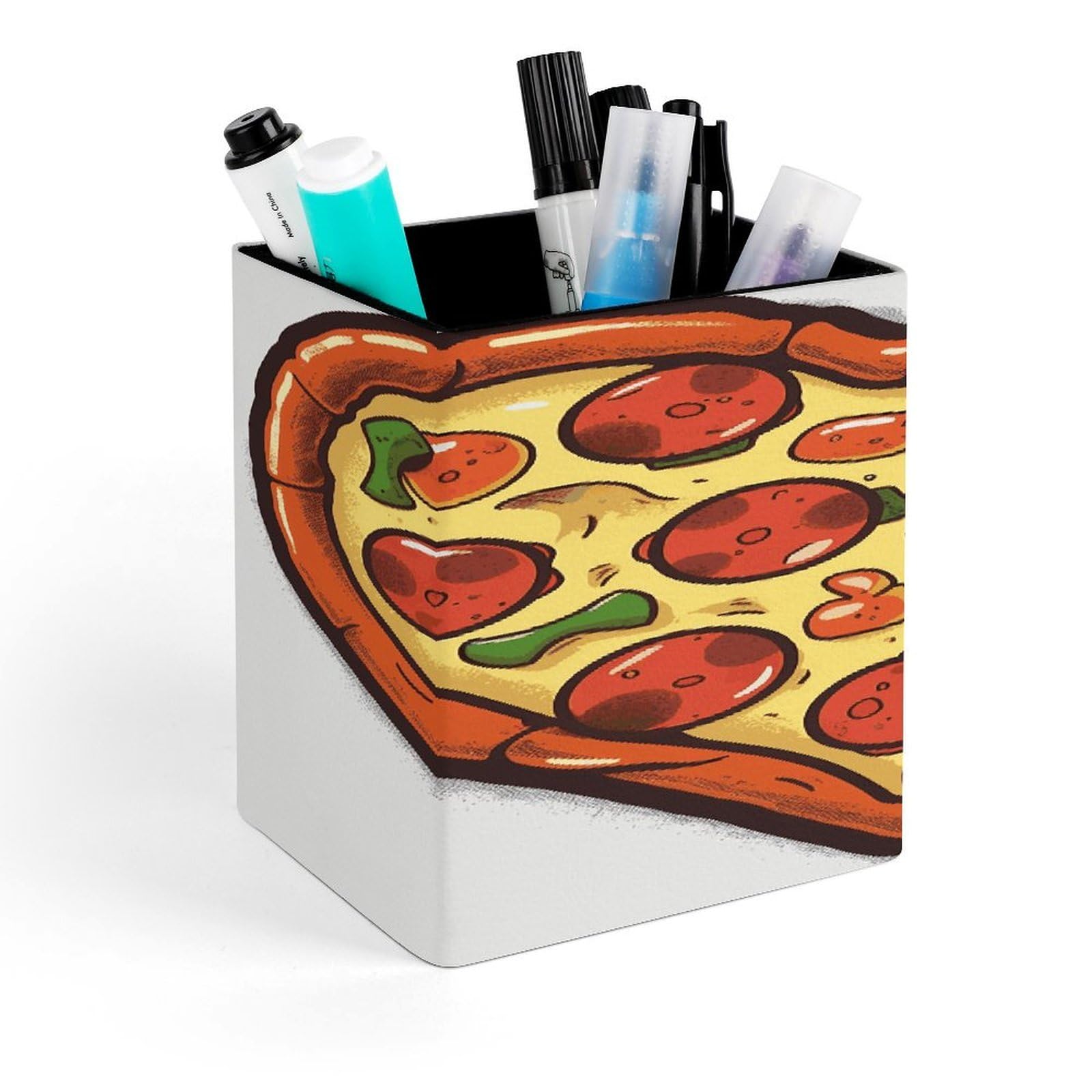 FekiLoot I Love Pizza Heart Pencil Holder for Desk Square Leather Pen Holder Cup Desktop Organizer Multi-Functional Pencil Cup Holders Modern Decorative Desk Organizer Caddy Makeup Brush Holders
