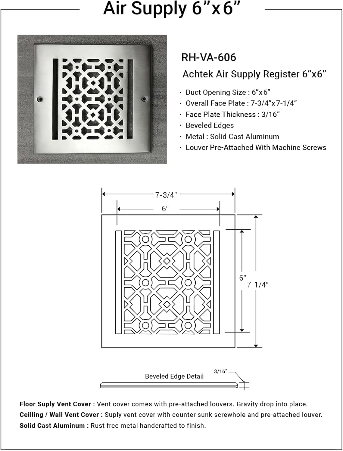 Achtek 6"x6" Duct (7-1/2"x7-3/4" Overall Size) Solid Cast Aluminum HVAC Air Supply Grill for Wall-Black with Screw Holes with Detachable Steel Louver | Powder Coated