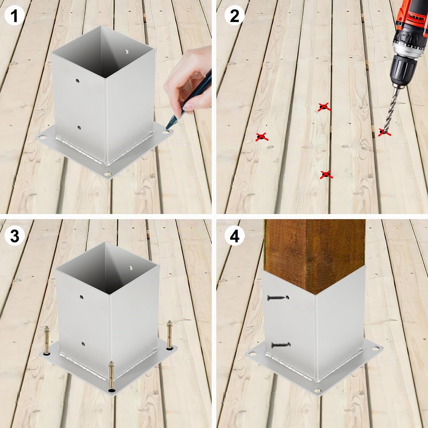 Eulenke Support de poteau avec douille à visser - Convient pour poteaux en bois carrés de 80 x 80 mm - Ancre de qualité supérieure - Galvanisé à chaud - Argenté