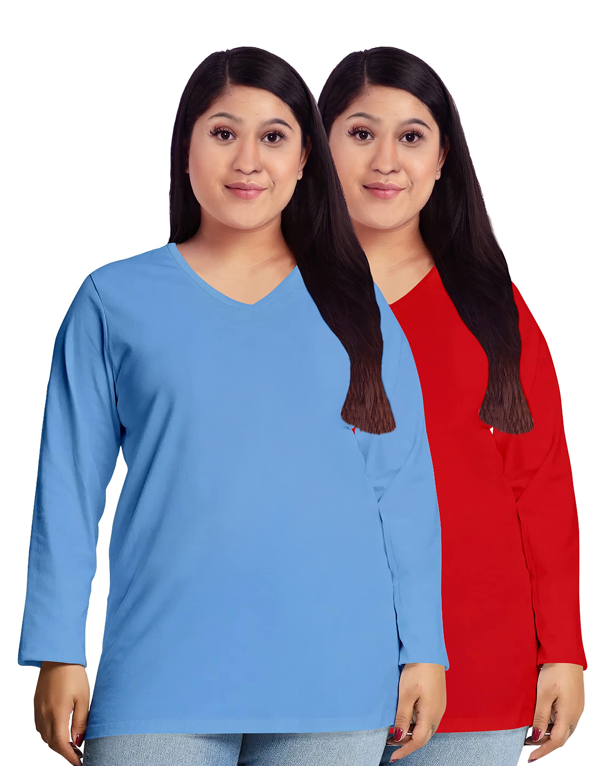 oplu Women's Plus Size T-Shirt Pack of 2 with Blue and Red V Neck Full Sleeve Pootlu Plain Combo Tshirt.-picture-44