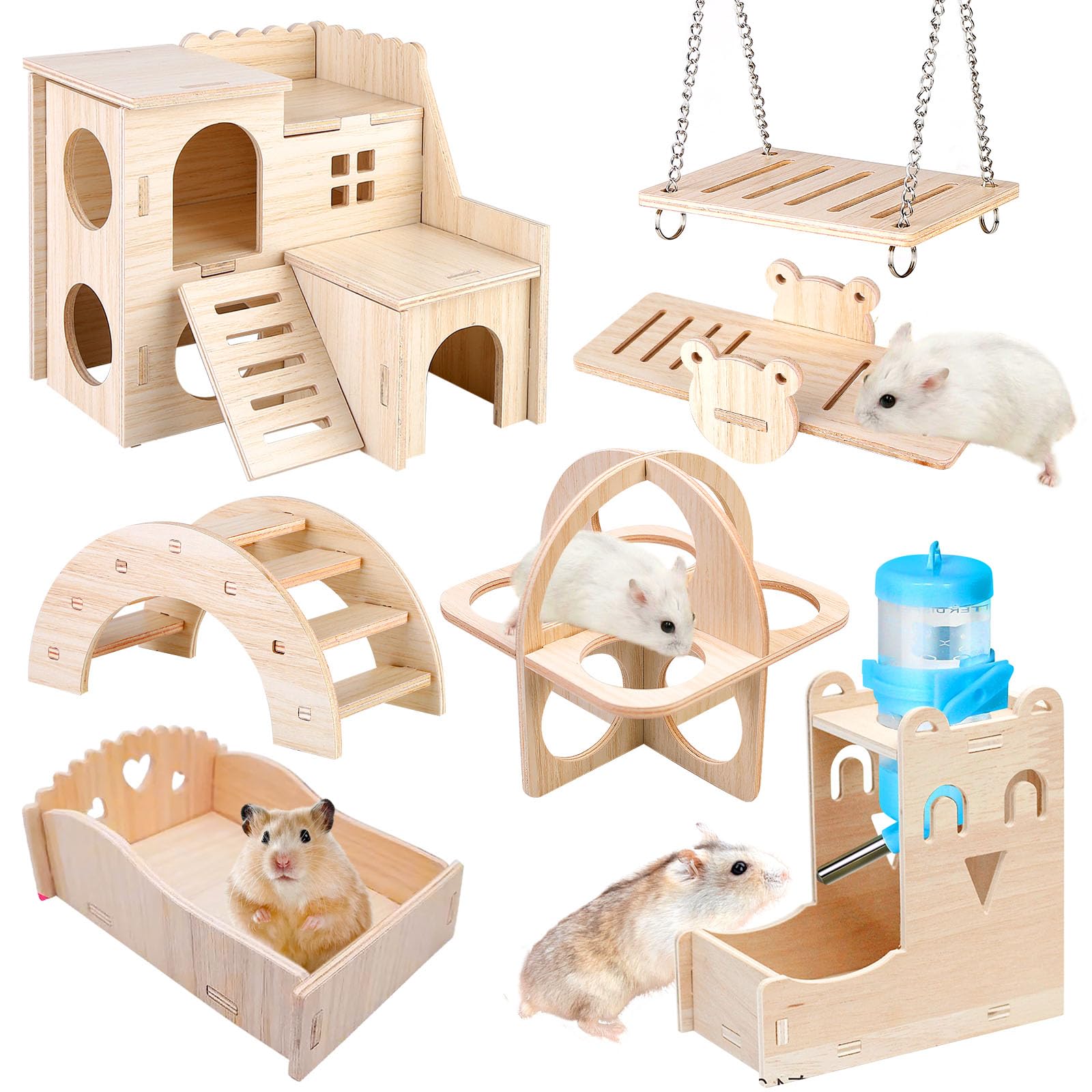 Juguetes de madera para hámster, 8 piezas DIY, juguete para masticar, escondite, casa, puente, columpio, entrenamiento, accesorios para jaula