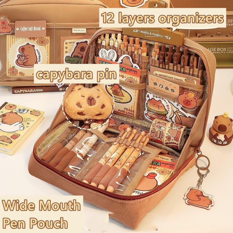 LTFIOON Capybara Schrijfwaren Set - Schattig Etui Met Vakken, Pennen, Clips & Linialen Voor Kinderen, Studenten En School