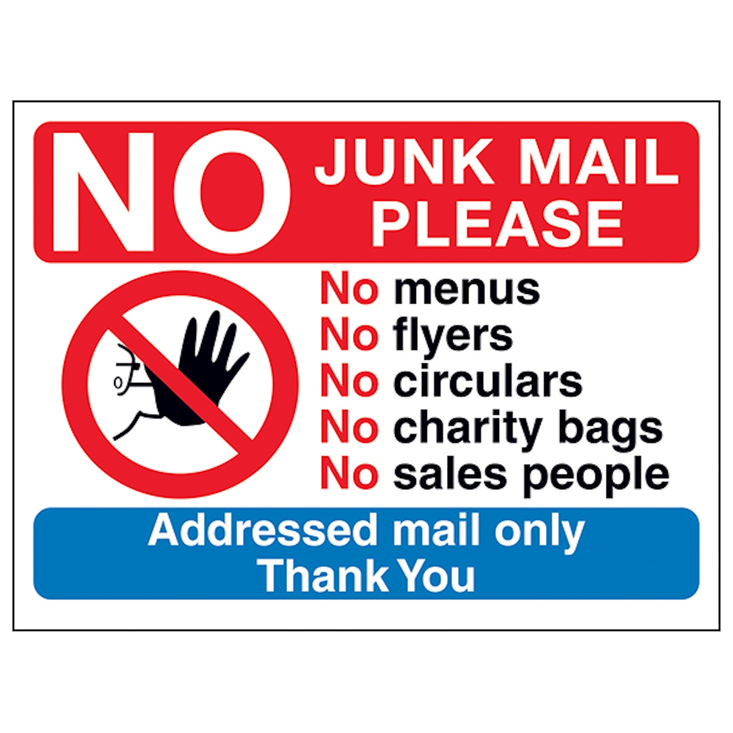 V Safety No Access Symbol: No Junk Mail Please, No Menus, No... 200 x 150 mm - 1mm Rigid Plastic Safety Sign