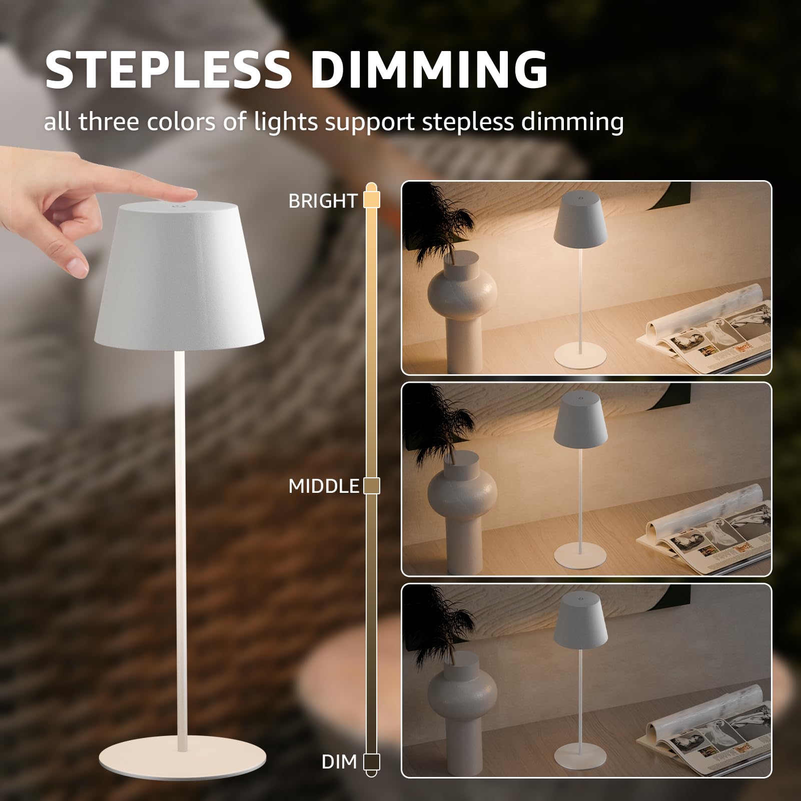 MALUX 2 pezzo Lampada da tavolo a LED senza fili con touch, ricaricabile per interni ed esterni, 3 temperature di colore senza livelli continui, funzione timer, lampada a batteria per esterni