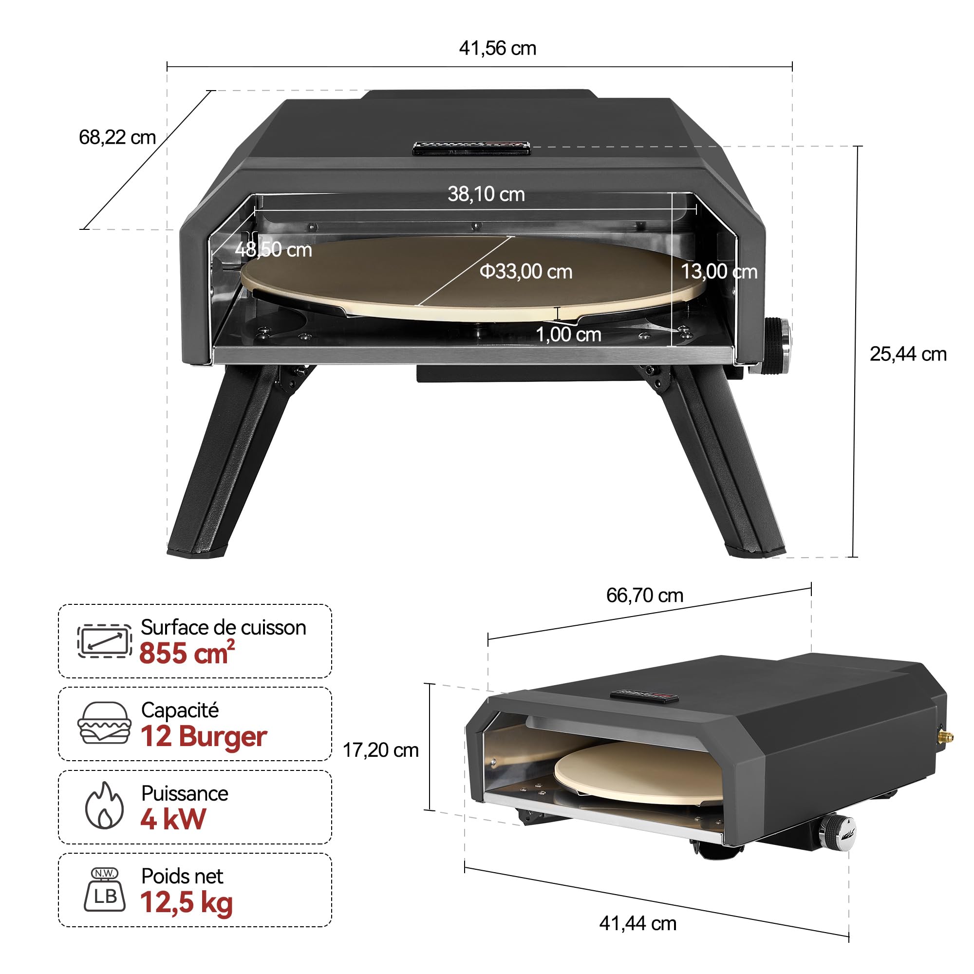 Royal Gourmet Four à Pizza Gaz Extérieur, Barbecue à Pizza de 4 KW avec Pierre Pizza de ⌀33 cm, Allumage Automatique et Pieds Pliables pour Le Jardin, Le Camping, Noir