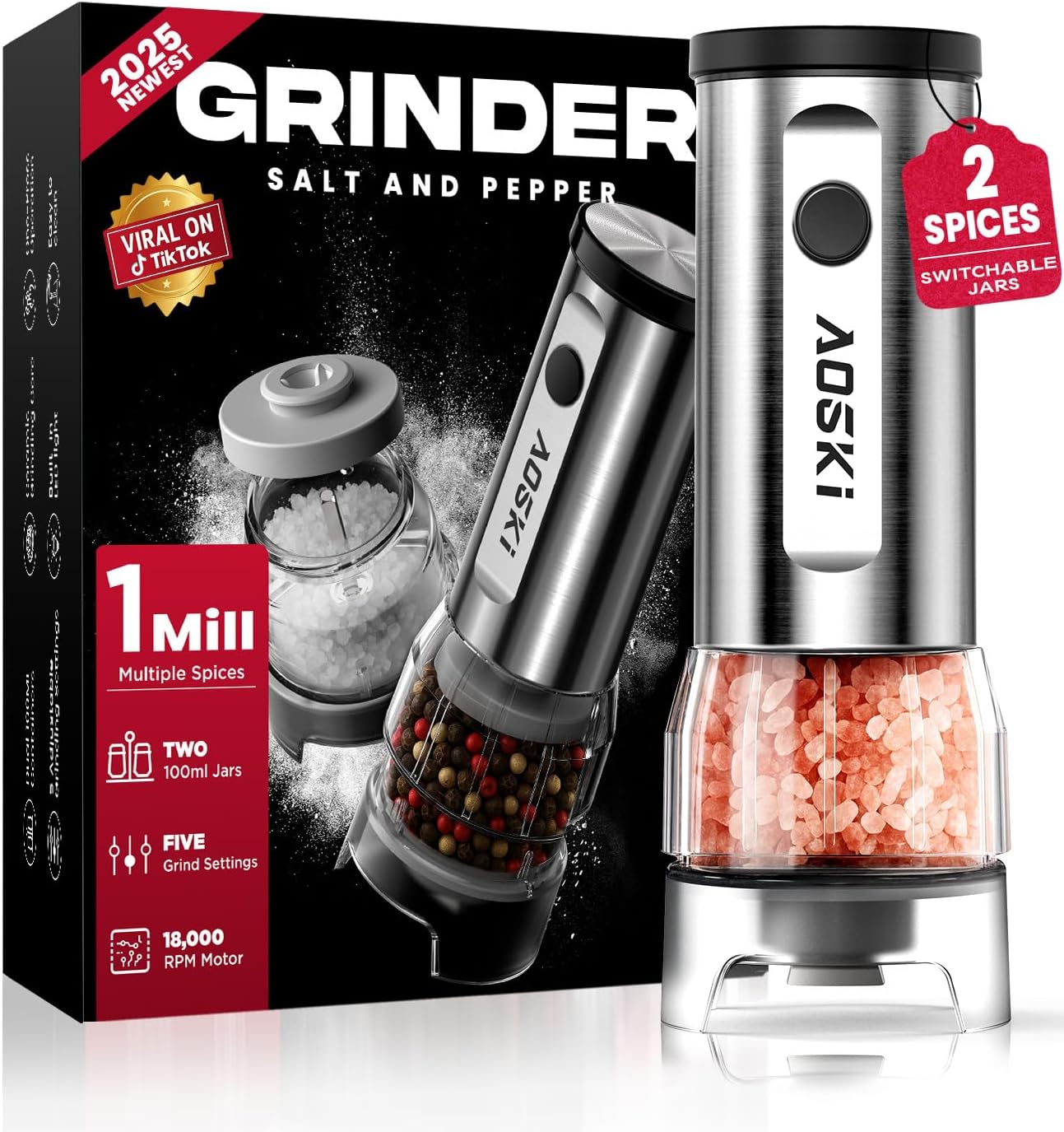 Product image of Electric Salt and Pepper Grinder Set: 1 Grinder + 2 100ml Replaceable Jars - Stainless Steel & Quick-Swap in Seconds - For Family Kitchens - Prevents Spice Mixing for Households