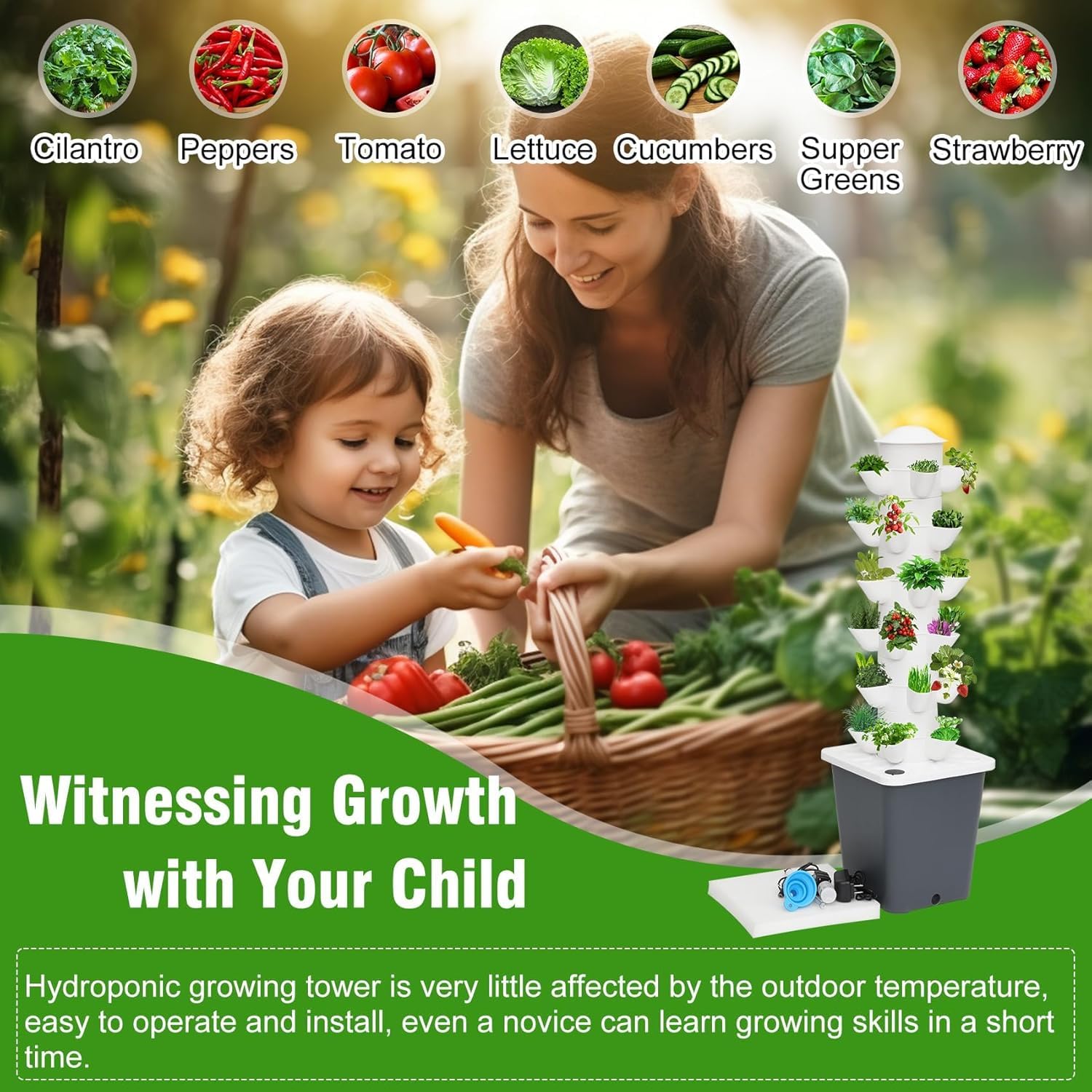 Hydroponik-Turm, Garten-Hydrokultur-Anbausystem, Aeroponik-Anbauset für Kräuter, Obst und Gemüse mit Hydratationspumpe, Adapter, Netztöpfen, Timer für Obst, Gemüse und Kräuter 30 Löcher