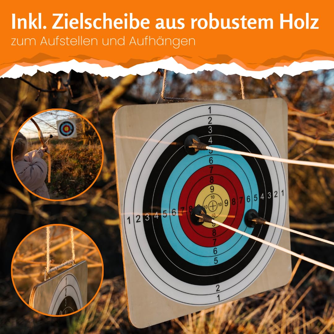FLITZEBOGEN Pfeil und Bogen Kinder Set aus Holz mit Saugnapfpfeilen | Zielscheibe Köcher Armschutz und Tasche