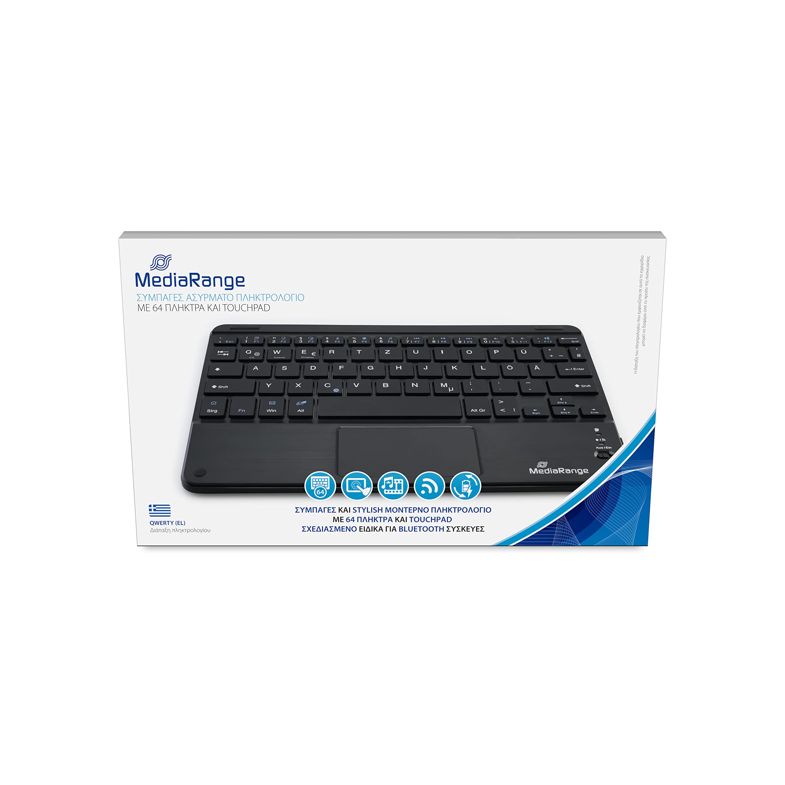 MediaRange MROS130-GR Compact Wireless Keyboard with 64 Keys and Touchpad, QWERTY (GR) Layout, Black, Standard Size
