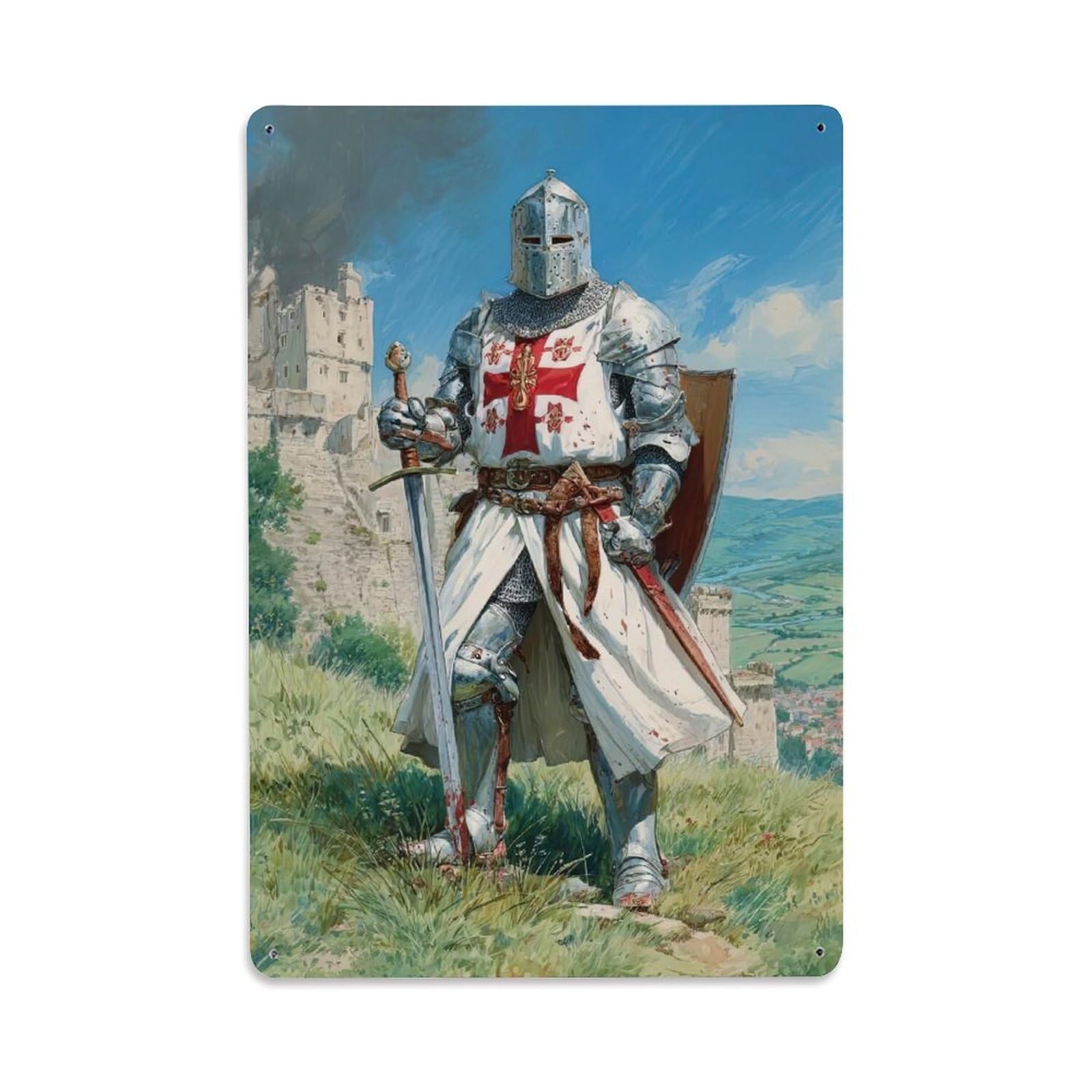 Sacred Templar Crusader Religious Knight Prayer Aesthetic Metal Tin Sign Plaque Wall Decor for Cafe, Man Cave, Club Bar, Office, Home Garden Round Metal Poster 8x12Inch