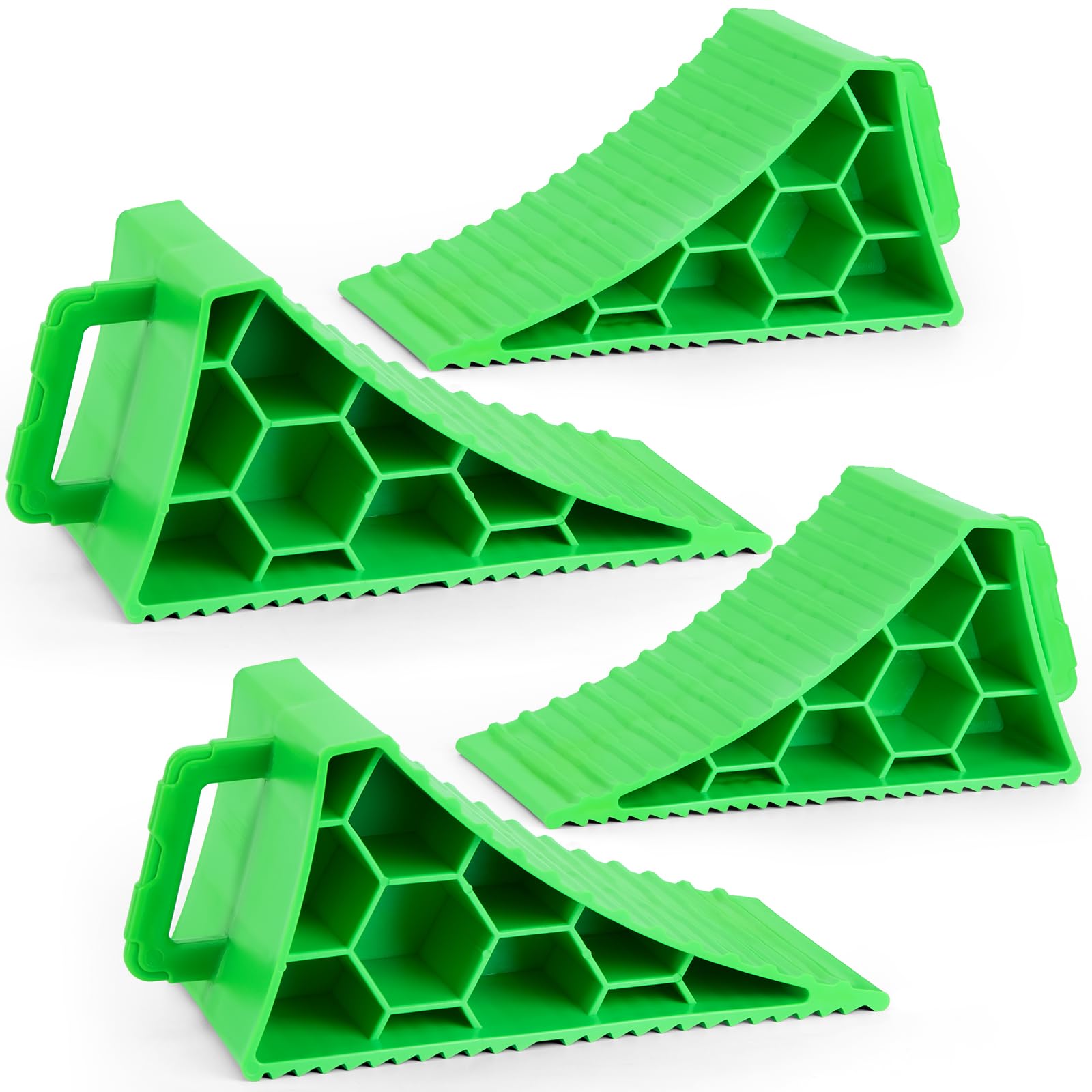 PAHTTO Wheel Chocks 4 Pack, RV Chocks with Handles for RV Trailer Camper Car Truck, Wheel Block Stopper for Tire, Strong RV Wheel Chocks Hexagonal Honeycomb Structure, RV Trailer Accessories, Green