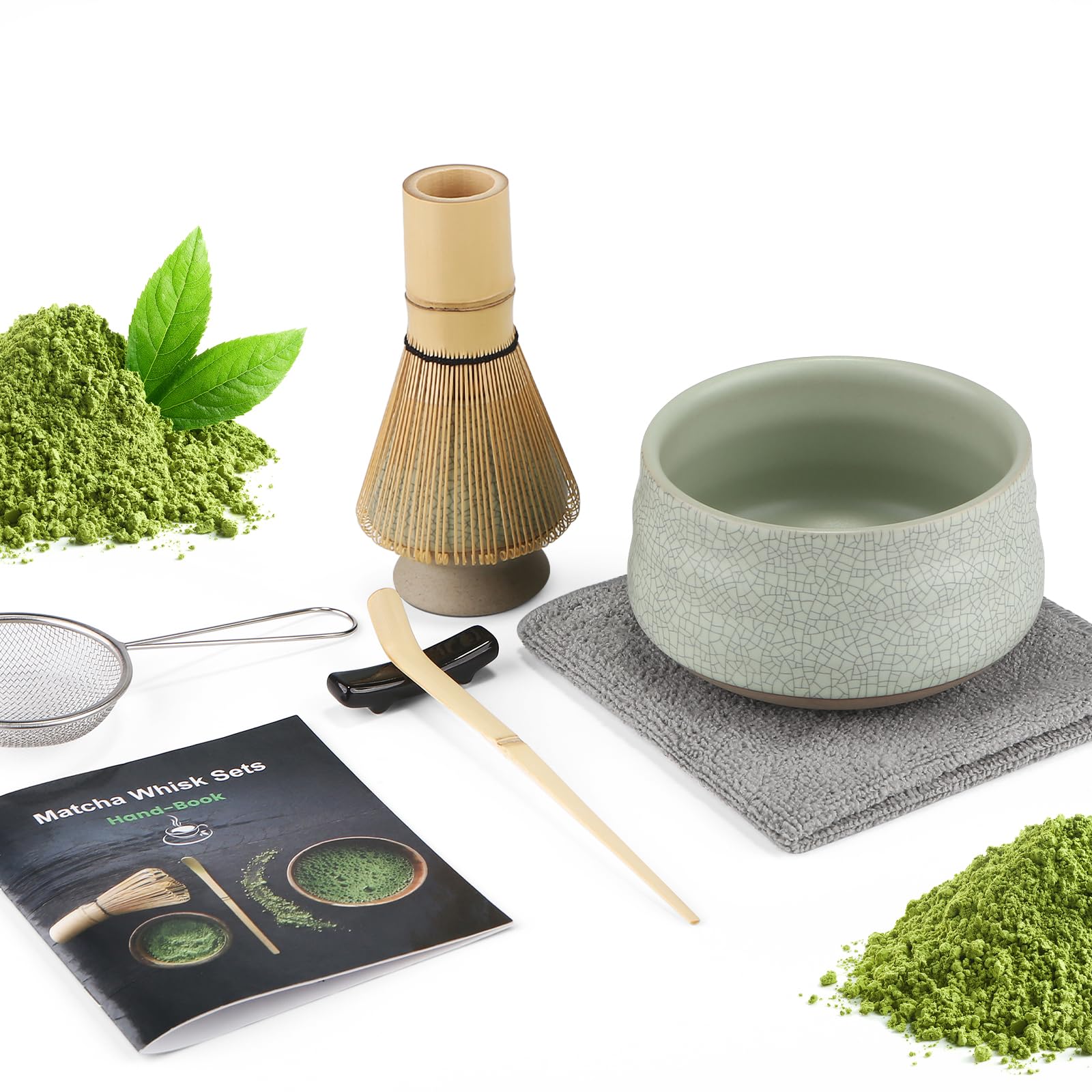 7 Piece Matcha Set, Macha Tea Set with Matcha Spoon, Whisk Holder, Bamboo Matcha Whisk, Shovel, Strainer, Matcha Accessories Traditional Japanese Tea Ceremony Best Gift for Lovers, Mesh Green