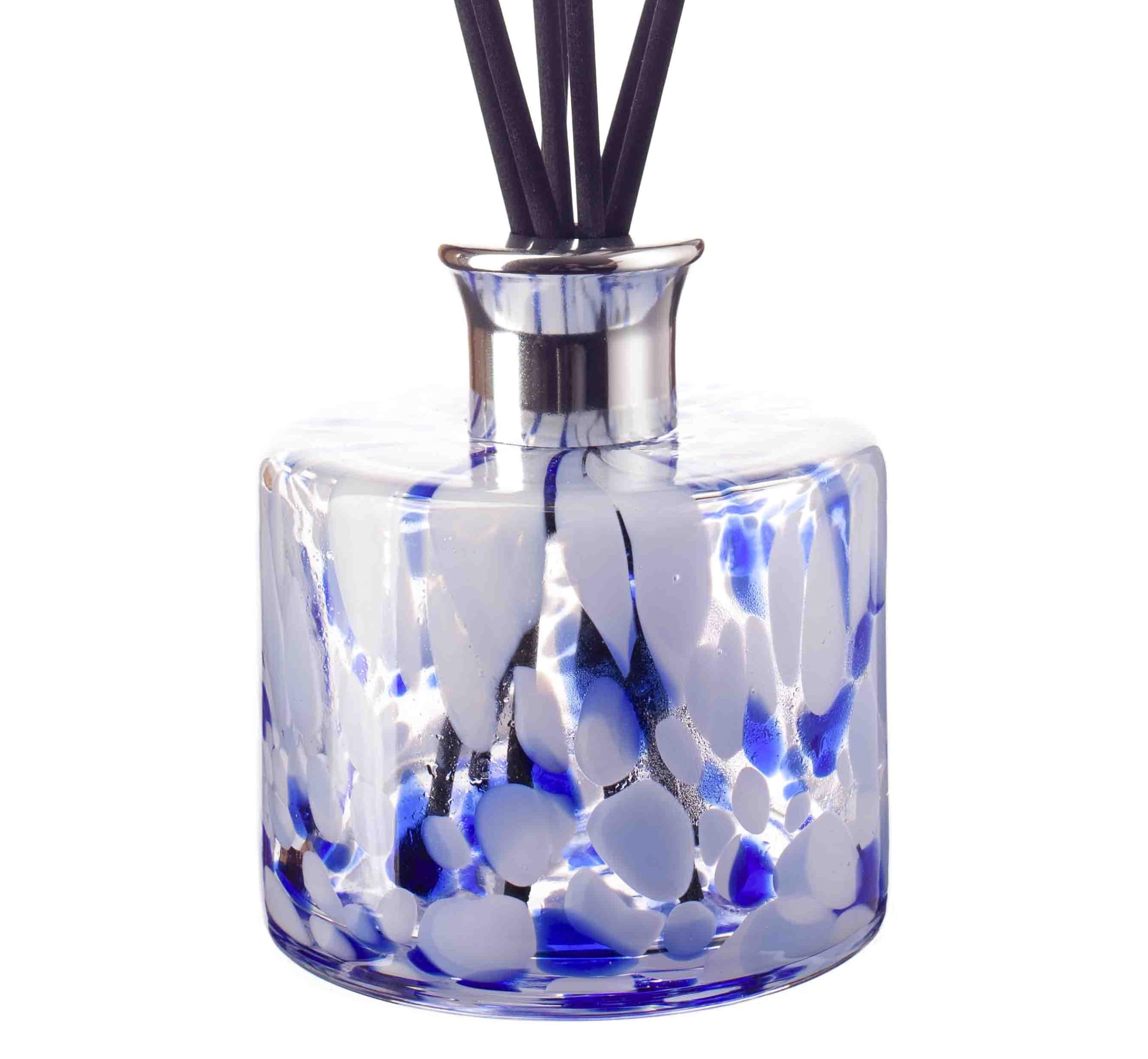Mouth Blown Glass Reed Diffuser, Cylinder Shape, 11cm Height x 11cm Width Clear, Blue & White