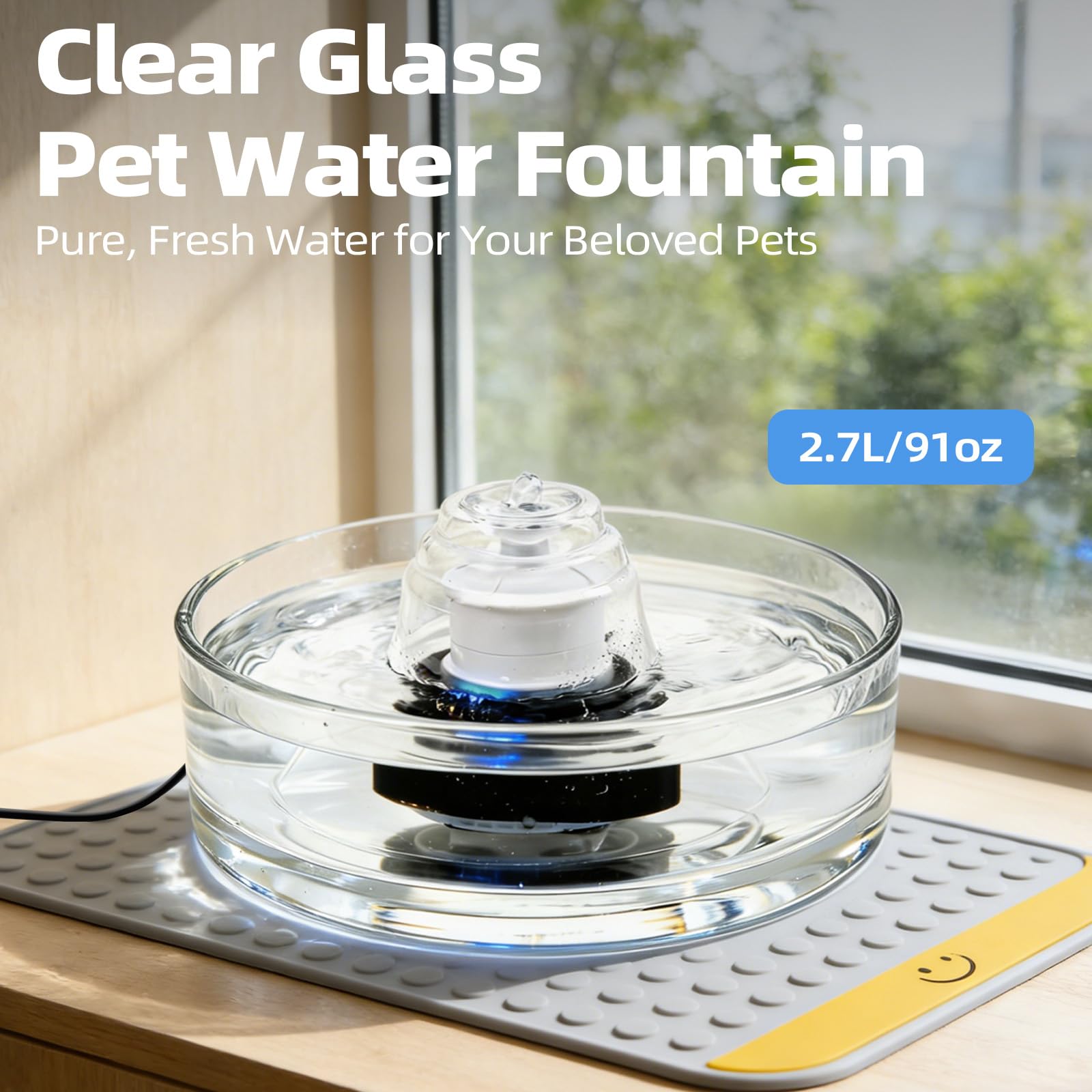 Fuente de agua de vidrio para gatos y perros de 2,7 L, dispensador automático de agua para mascotas con bomba silenciosa
