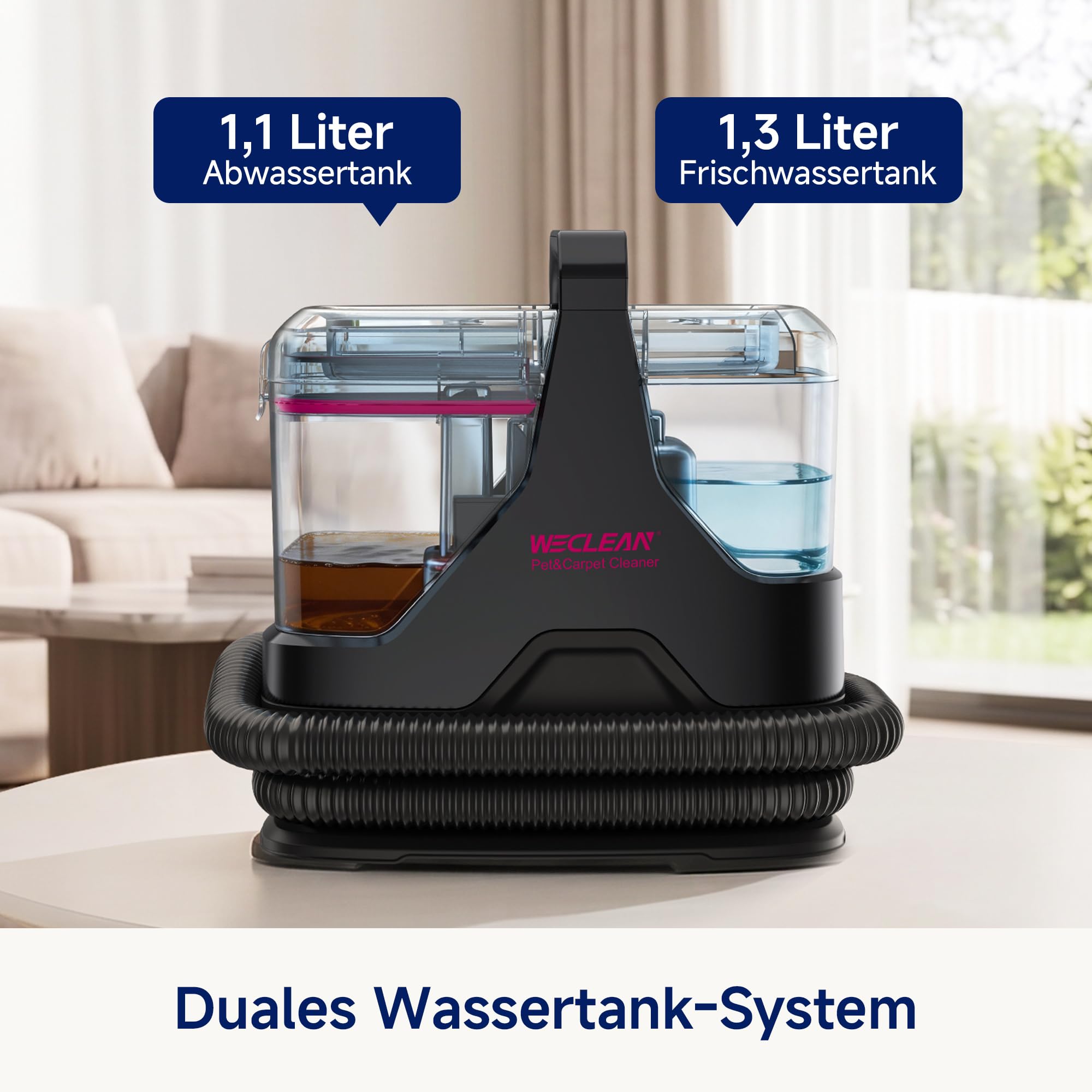 WECLEAN C3 Nasssauger Polsterreiniger Gerät,600W 18KPa Teppichreiniger Waschsauger für Teppiche, Sofas, Treppen, Fenster, Spiegel, Polstermöbel, Autos, Schwarz/Rosa