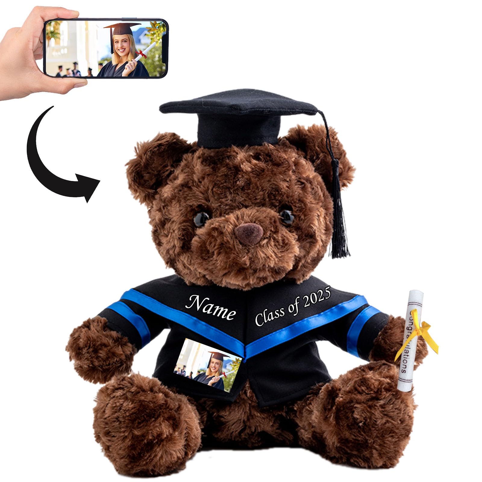 Personalisiertes Abschlussgeschenk – Teddybär Mit Text, 20 Cm, Für Schulabschluss 2025, Mit Talar & Diplom