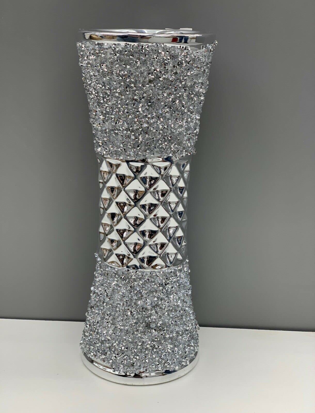 Biznest Silver 35Cm Large Ceramic Flower Vase Design Diamante Bling Sparkling Home Decoration Flower Vase