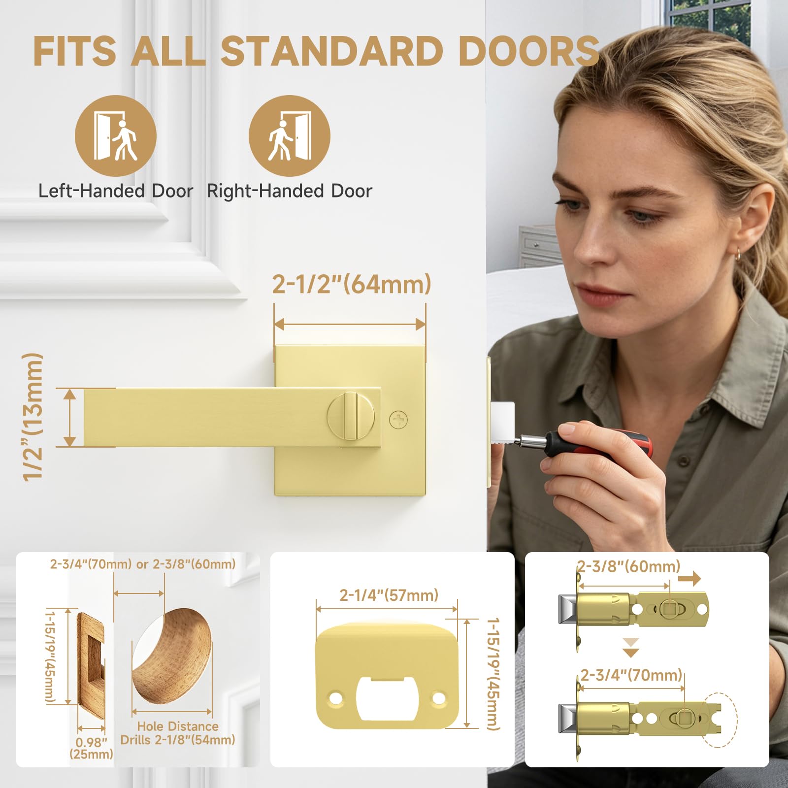Satin Brass Door Knobs - 10 Pack Privacy Locks -5