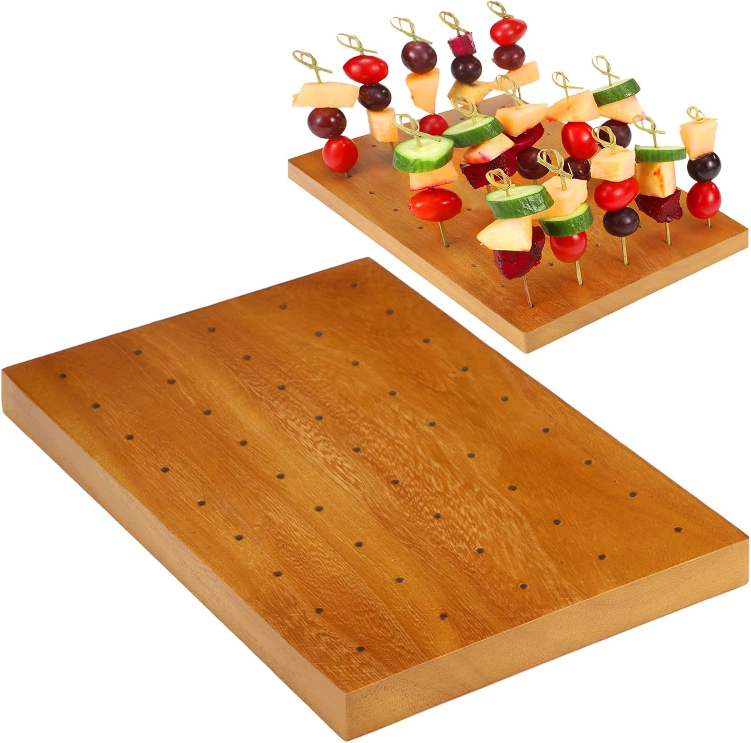 wooden food skewer holder pick stand and display holder catering appetizer fruit skewer stand food display rectangular board with holes for catering(11.42 x 7.87 inch,rectangle style)