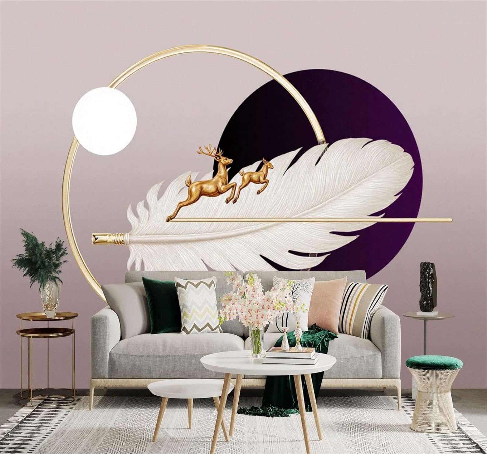 XLMING Golden Deer Feathers Moon Geometric Art 3D Wallpaper Silky Texture Home Study Office Grey Dining Room Sofa Bedroom Living Room TV Backdrop-200cm×140cm