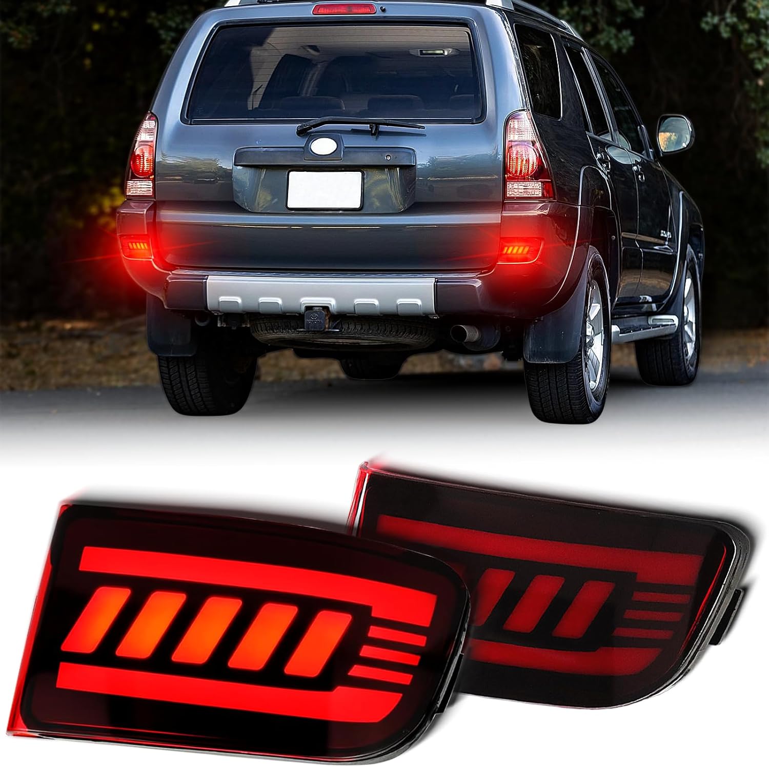 Red housing LED Rear Bumper Reflector Lights Fog DRL Kit Assembly for 2003-2005 4Runner 2002-2009 Land Cruiser Prado 120 Function 3 in 1 Design (Red Style)