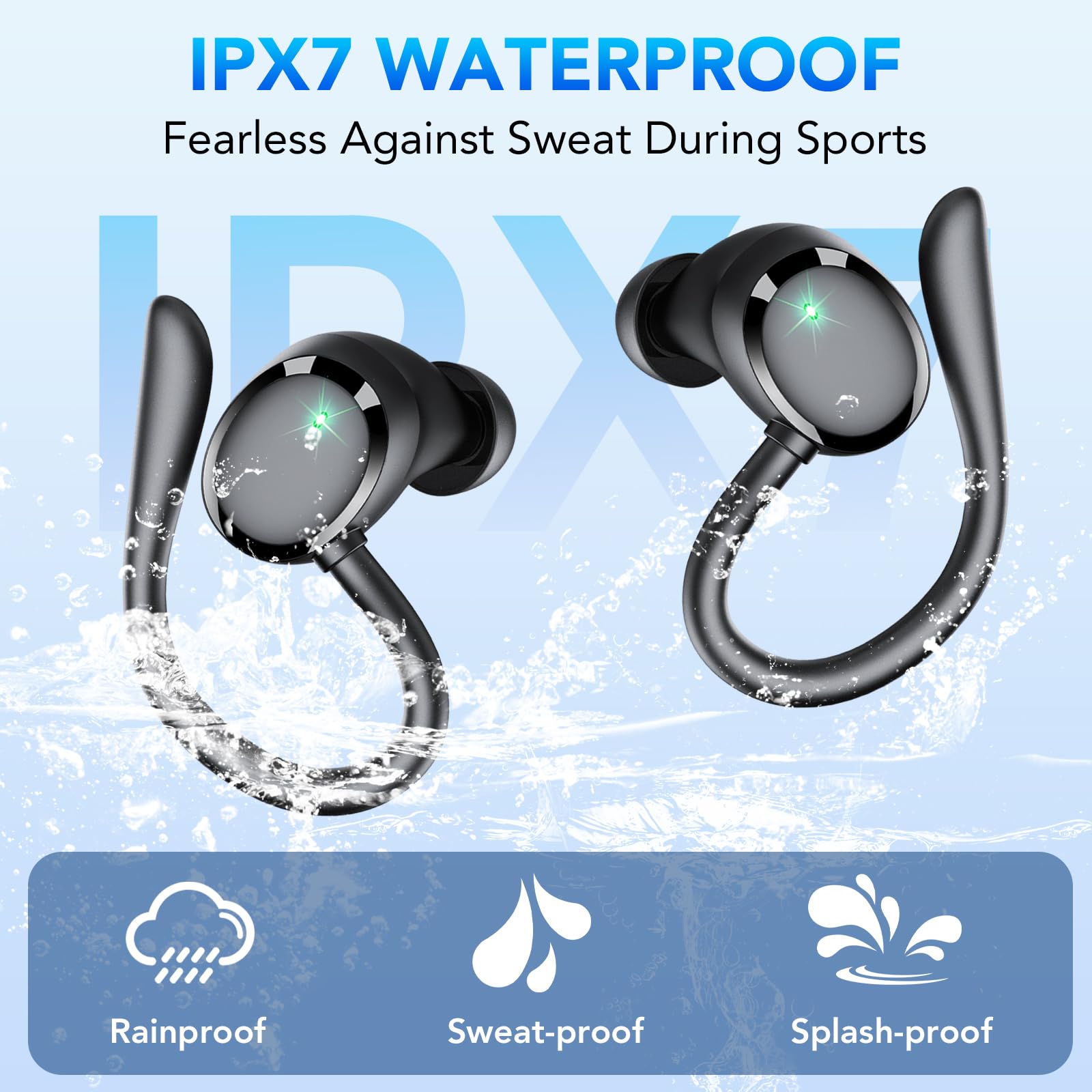 Bluetooth Kopfhörer Sport, Kopfhörer Kabellos Bluetooth 5.3 mit HD Mic, In Ear Kopfhörer mit 4 ENC Klarer Mic, 72 Std Kabellose Kopfhörer mit Tiefer Bass,IPX7 Wasserdicht Ohrhörer mit Ohrhaken,Schwarz