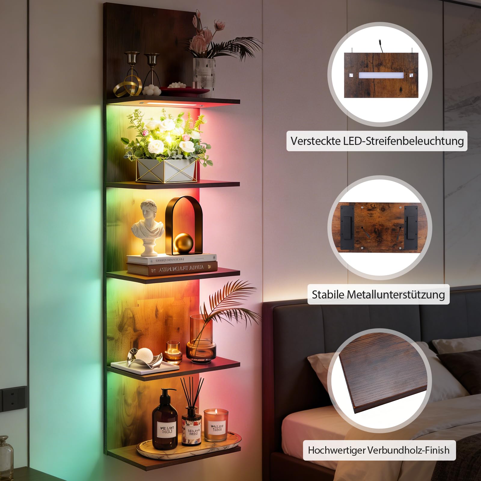 Wandregal mit RGB+IC-Beleuchtung, Bücherregal Wand mit APP & Fernbedienung | Wandregal Holz 5 Ebenen, Wandregal Schmal Schminktisch Regal für Schlafzimmer, Wohnzimmer, 30x18x117 cm, Holzfarben
