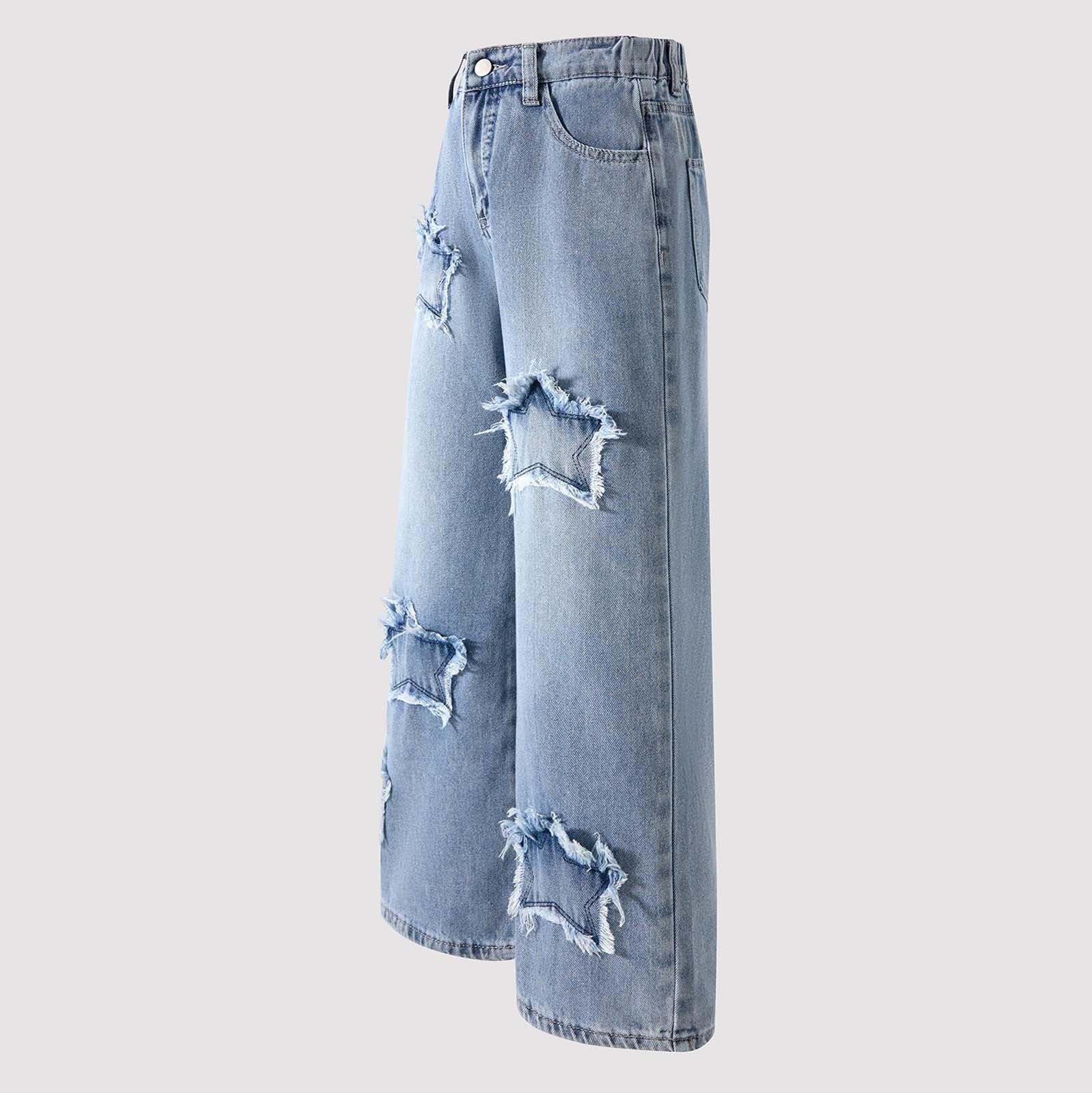 Pantalones Vaqueros NiñA -Pantalones De Moda para NiñAs con Decoraciones De Estrellas, Cintura EláStica, Vaqueros De Pierna Ancha para Adolescentes, Atuendo Casual Y CóModo para Uso Diario,