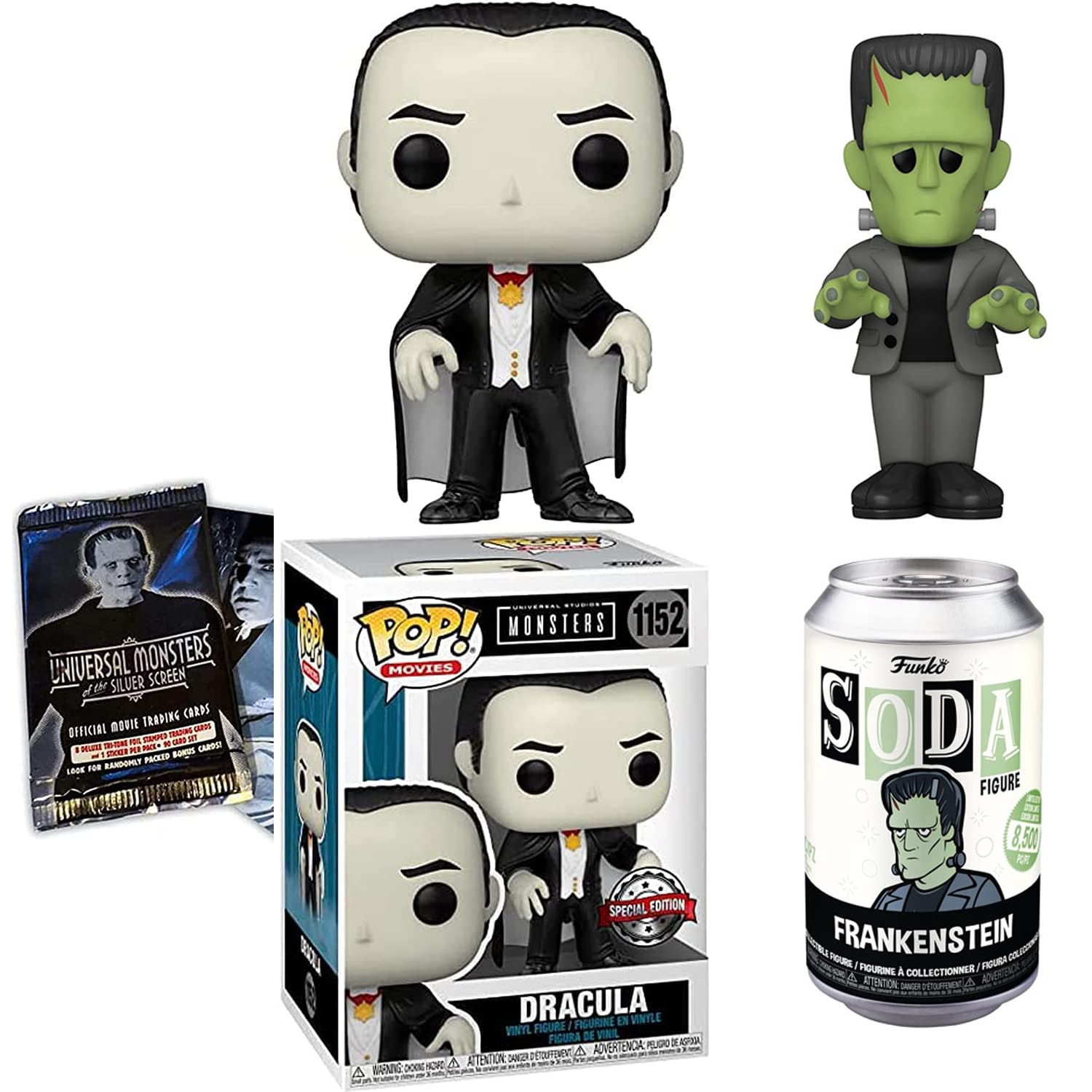 Franken Fright Monster Pack Classic Dracula Universal Pop! Figure Exclusive Bundled with Frankenstein Character Horror Night Soda Can + Movie Silver Screen Creature Cards 3 Items