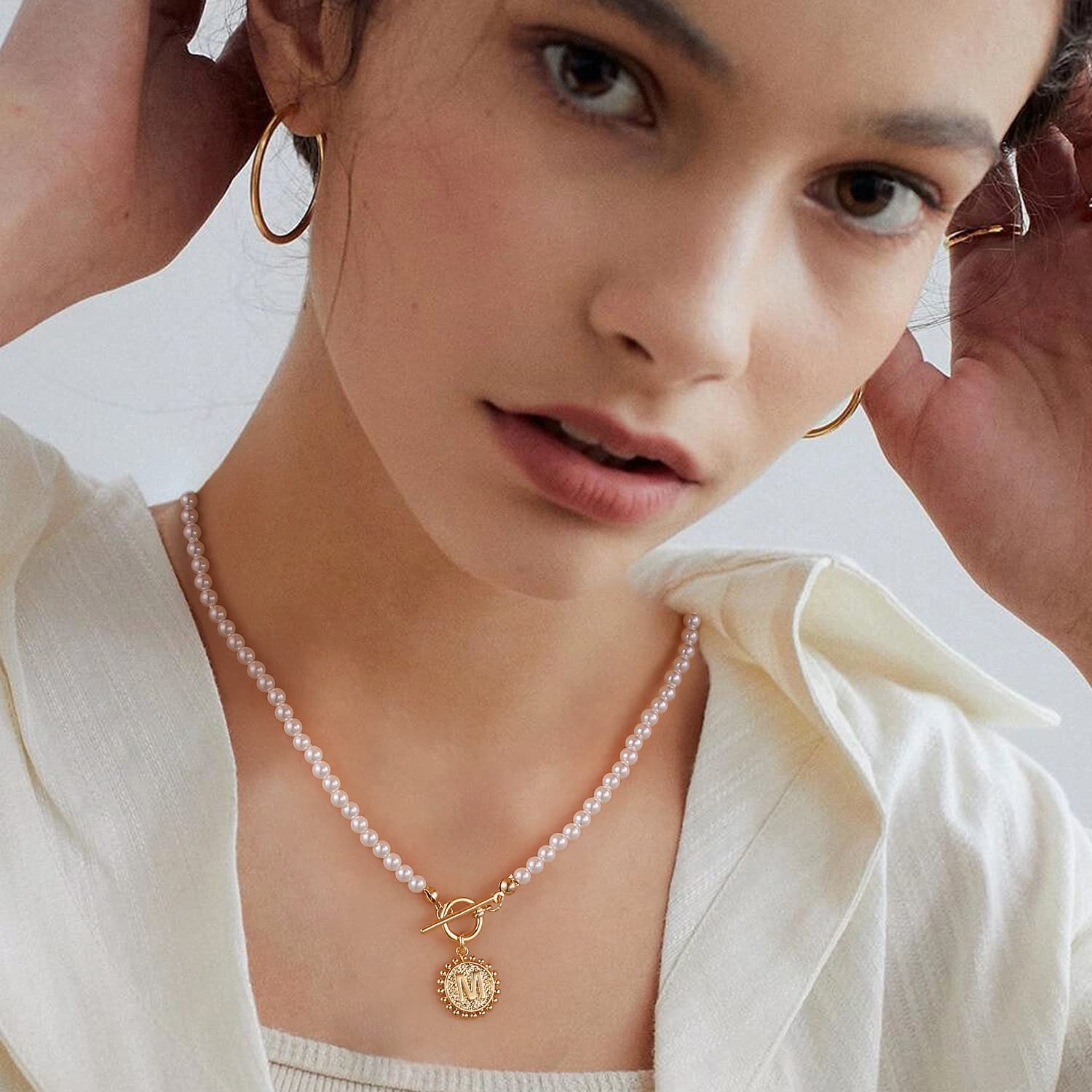 Initial Choker Pearl Necklace for Women, 14K Gold Plated Handmade 4MM Simulated Pearl Necklace Choker Dainty Toggle Clasp T Initial Coin Pendant Pearl Necklace Jewelry Gifts for Women (T)