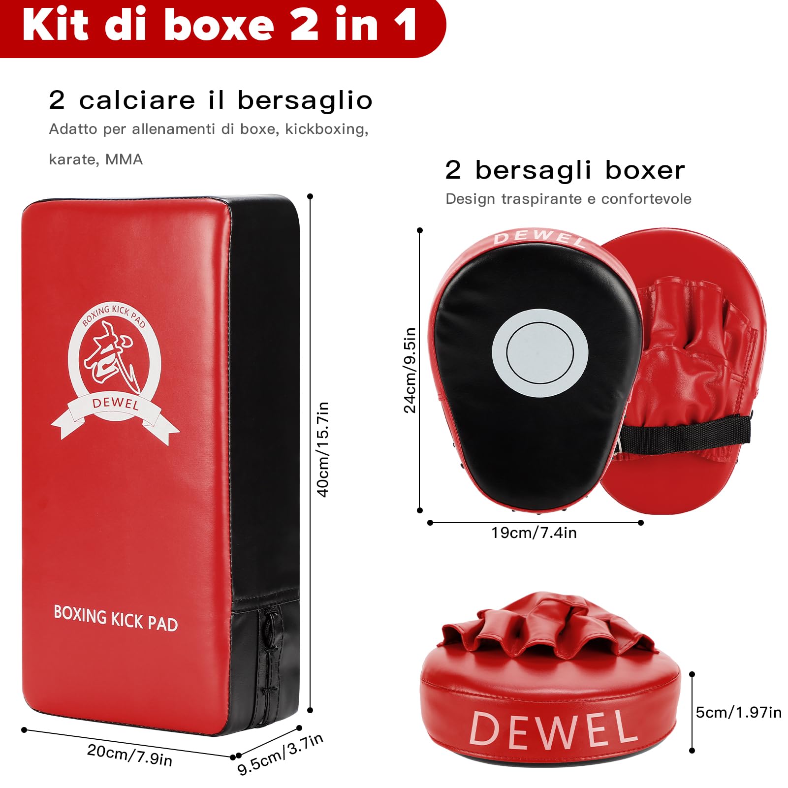 DEWEL Pad Boxe, 2 Guanti da Passata E 2 Striking Shield Colpitori per L'allenamento di Boxe In Muay Thai, Kickboxing, Karate, Arti Marziali, Ecc. (4 Pezzi）