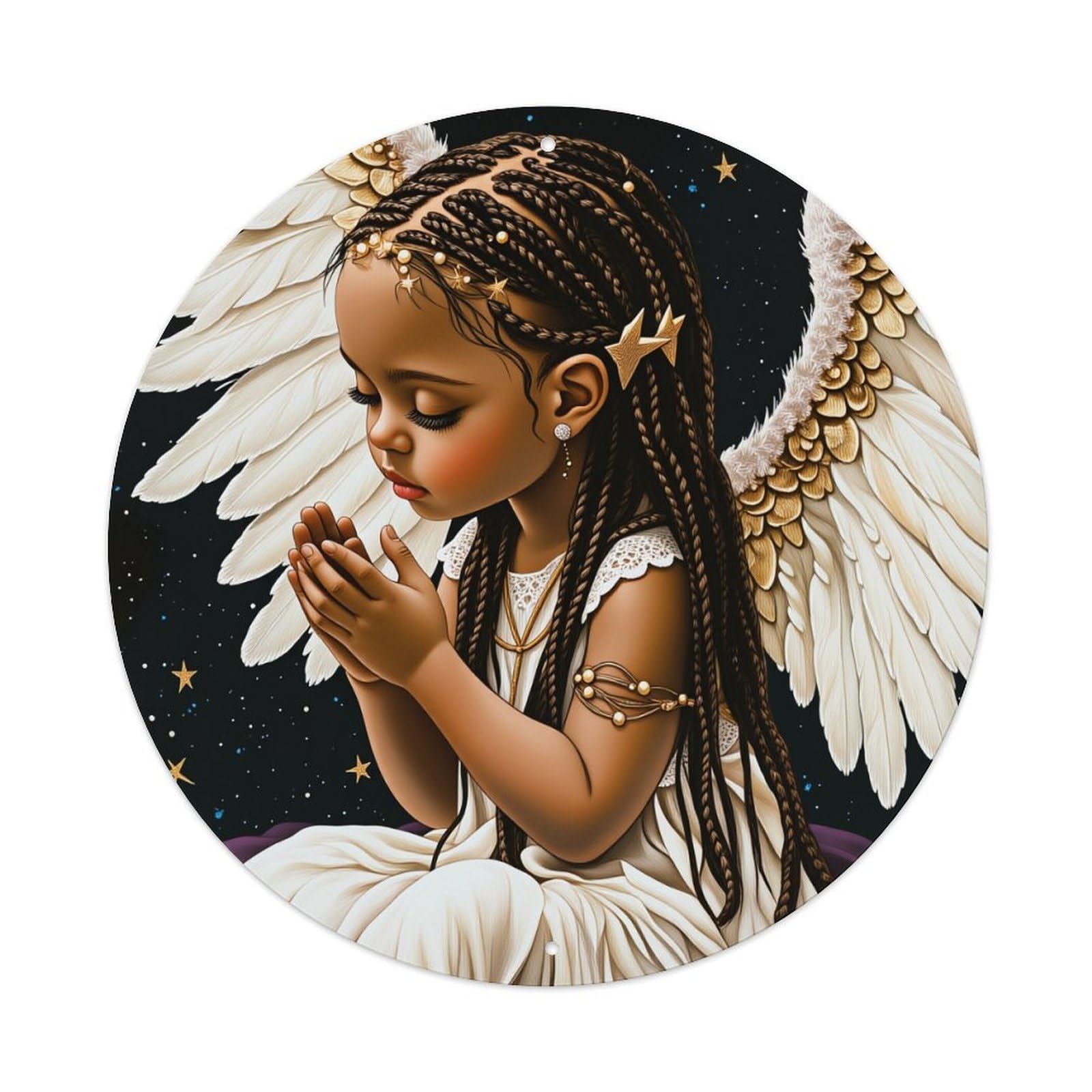 Angel Wings Starry Sky Prayer Pose Round Tin Sign Vintage Metal Poster, Home Bar Garage Man Cave Cafe Indoor & Outdoor Wall Decoration 8x8Inches
