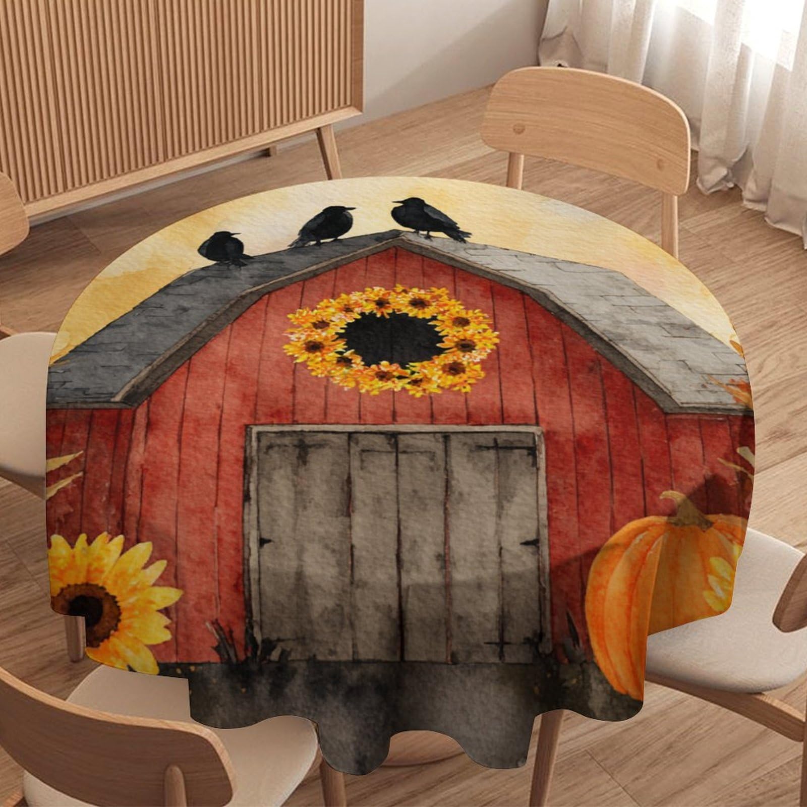 LUYYSKY Vintage Rustic Farm Log Cabin Round Tablecloth Antique Western Fall Sunset Farmhouse Sunflowers Animals Raven Washable Decor for Table Cover for Kitchen-177.8" Wx177.8 L cm