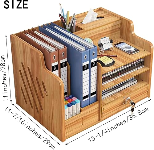 Miniatura 2 de Organizador de escritorio de bambú, organizador de archivos de madera de escritorio, soporte para bolígrafos y soporte para pañuelos, 1 cajón con