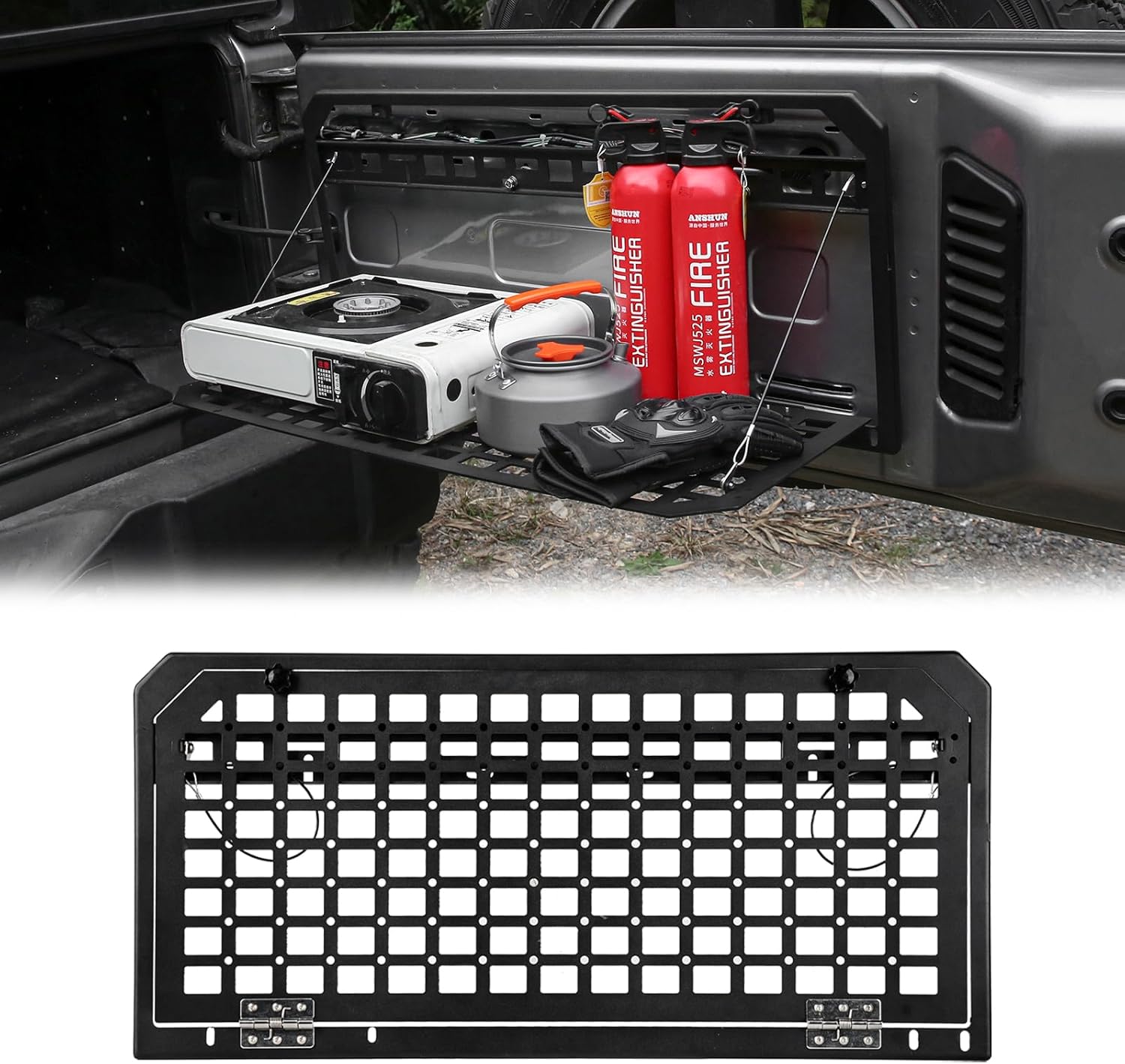 Tailgate Table Rear Foldable Storage Cargo Rack, Storage Shelf Molle Panel for 2007-2025 Jeep Wrangler JKU &JL JLU 4 Door(Not fit with Low Speaker JK Models)
