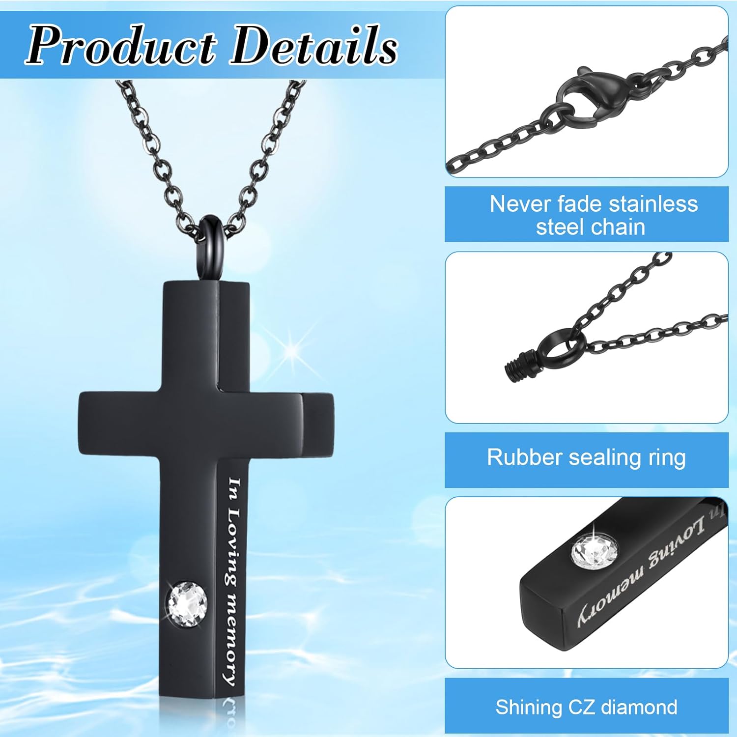 Yinkin 8 Pcs Urn Necklace for Ashes Cremation Cross Necklace Stainless Steel Cremation Jewelry Ashes Memorial Jewelry for Men Women (Black)