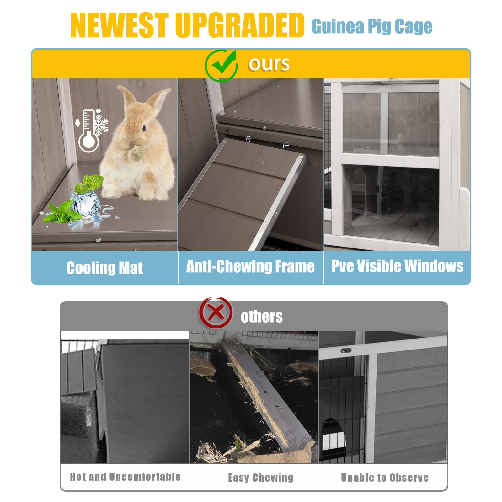 Guinea Pig Cages Indoor, Wooden Guinea Pig Cages with Stand, Rabbit Cage Hutch with Ramp and Hideout, Small Animals Cage Habitat with Not Leakage Pull Out Tray