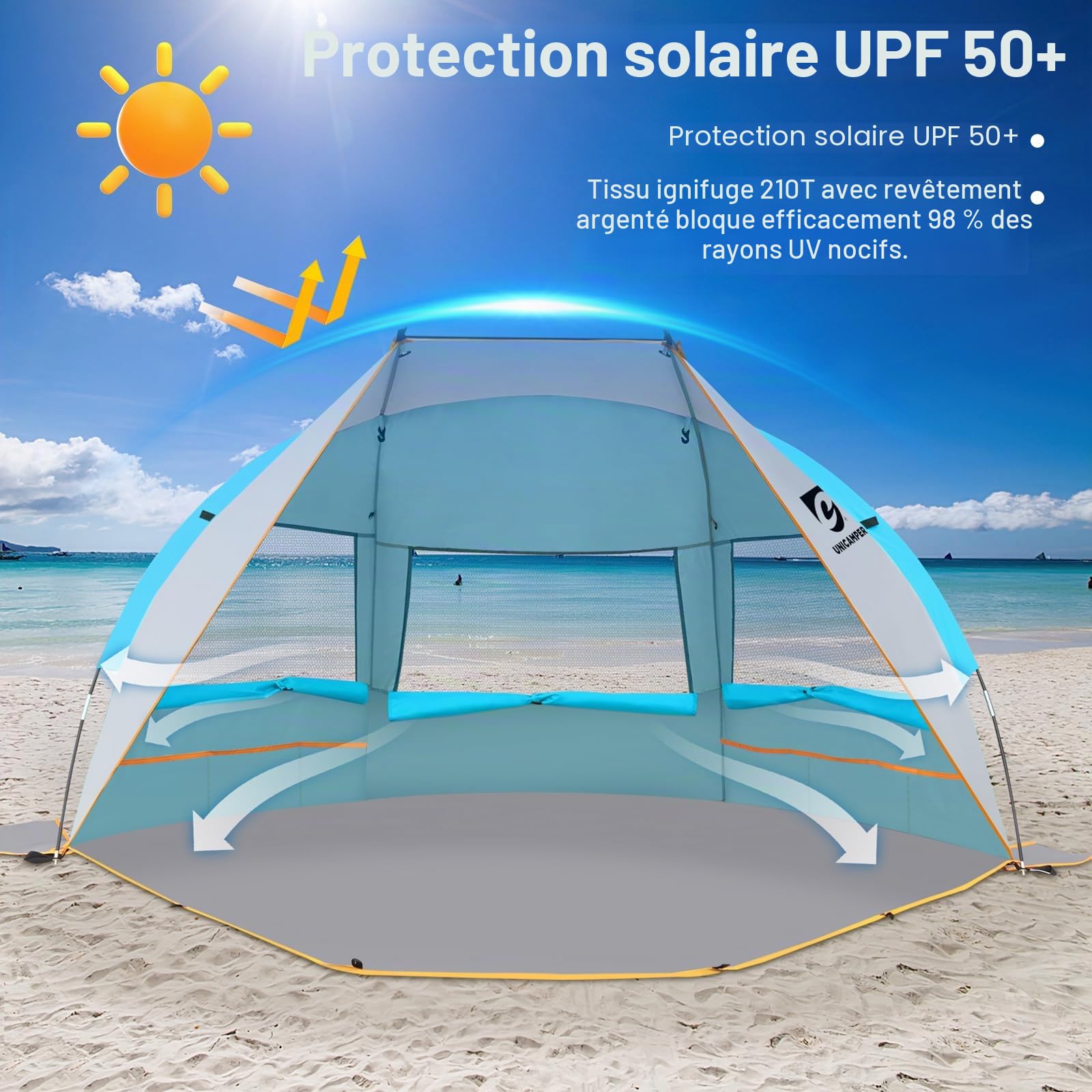 UNICAMPER Tente de Plage UNC pour 2 à 3 Personnes – Protection Solaire, UPF 50+, Sol en PE imperméable et 3 fenêtres en Filet, ombrage de Plage Portable, 210 * 120 * 120cm (Bleu)
