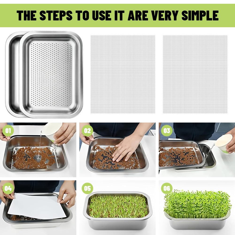 Lot de 2 Germoirs en Acier Inoxydable 26 x 19 cm, Plateau de Germination 2 en 1 pour Graines et Microgreens, Bac à Germes Réutilisable Passe au Lave-Vaisselle, Culture Facile à Domicile